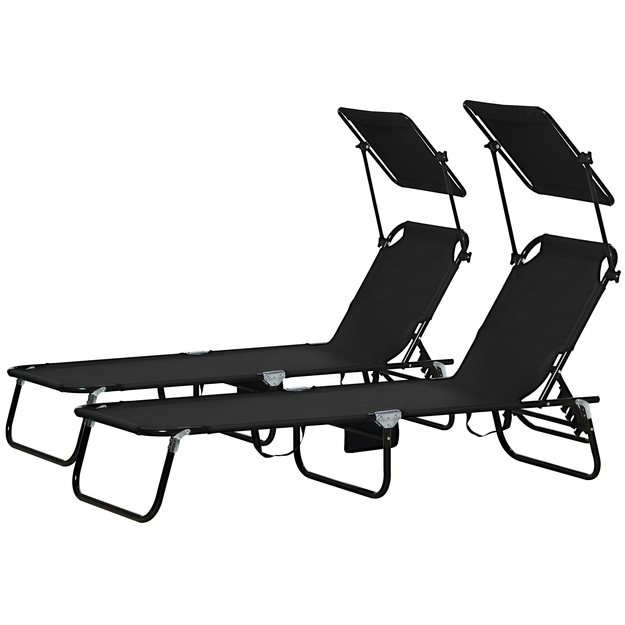 Outsunny Set of Two Folding Sun Loungers, with Adjustable Backs and Sun Canopies - Black