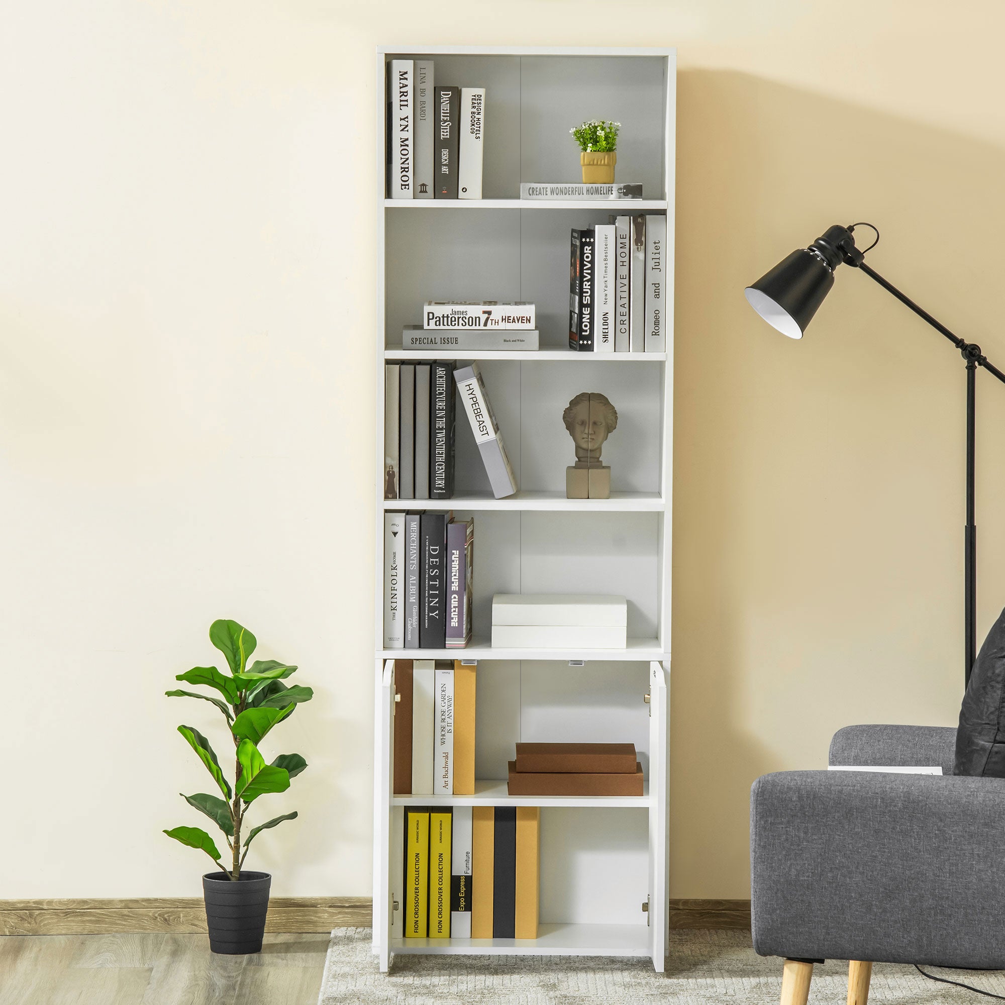 HOMCOM 6-Tier Tall Bookcase, Bookshelf with 4 Open Shelves and Double Door Storage Cabinet, Freestanding Display Rack for Living Room, Bedroom, Home Office, Study, 59 x 29 x 180cm, White - North Peak Garden Furniture
