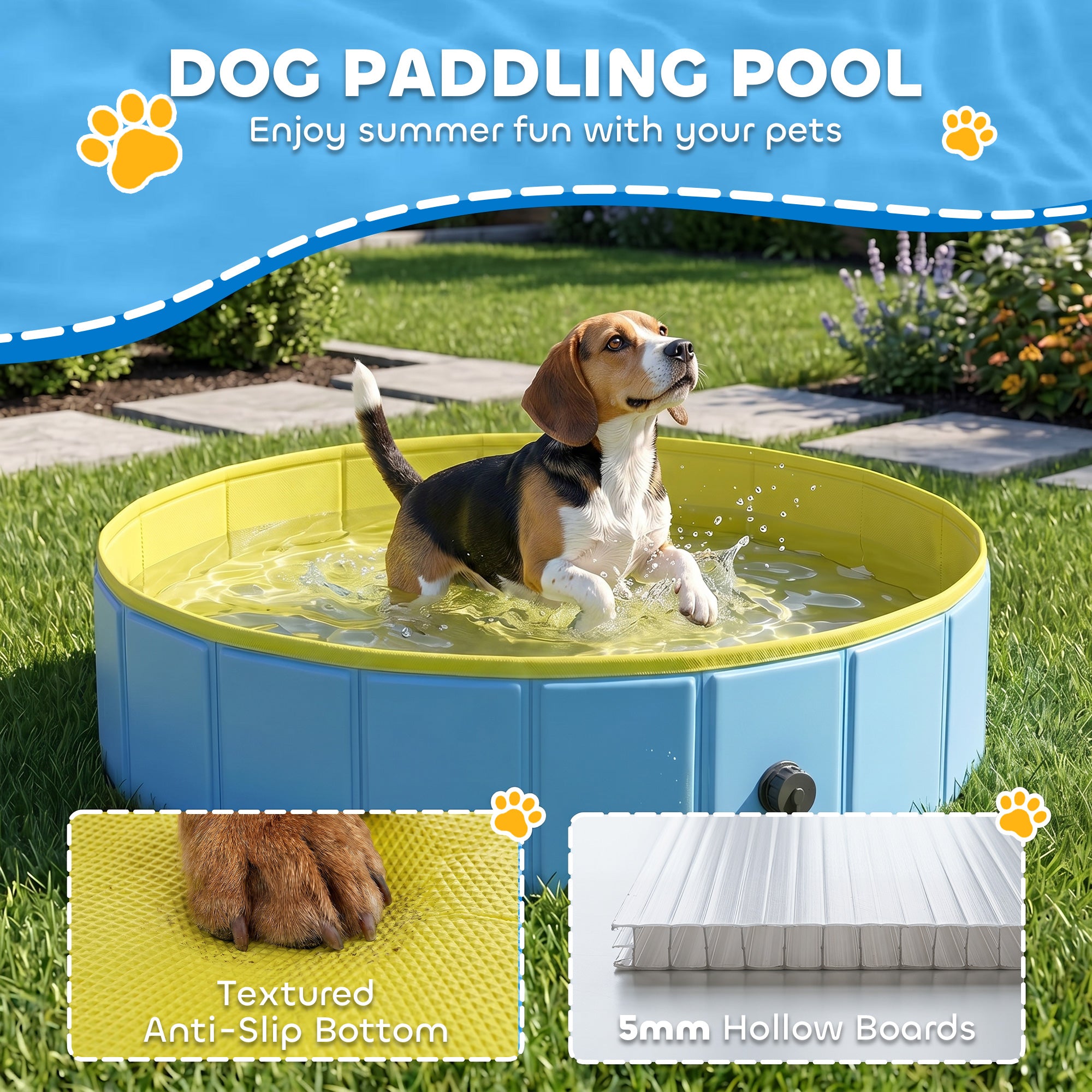 PawHut Foldable Dog Pool for Puppies and Ducks Dog Paddling Pool Bath Tub, Blue, 100 x 30 cm