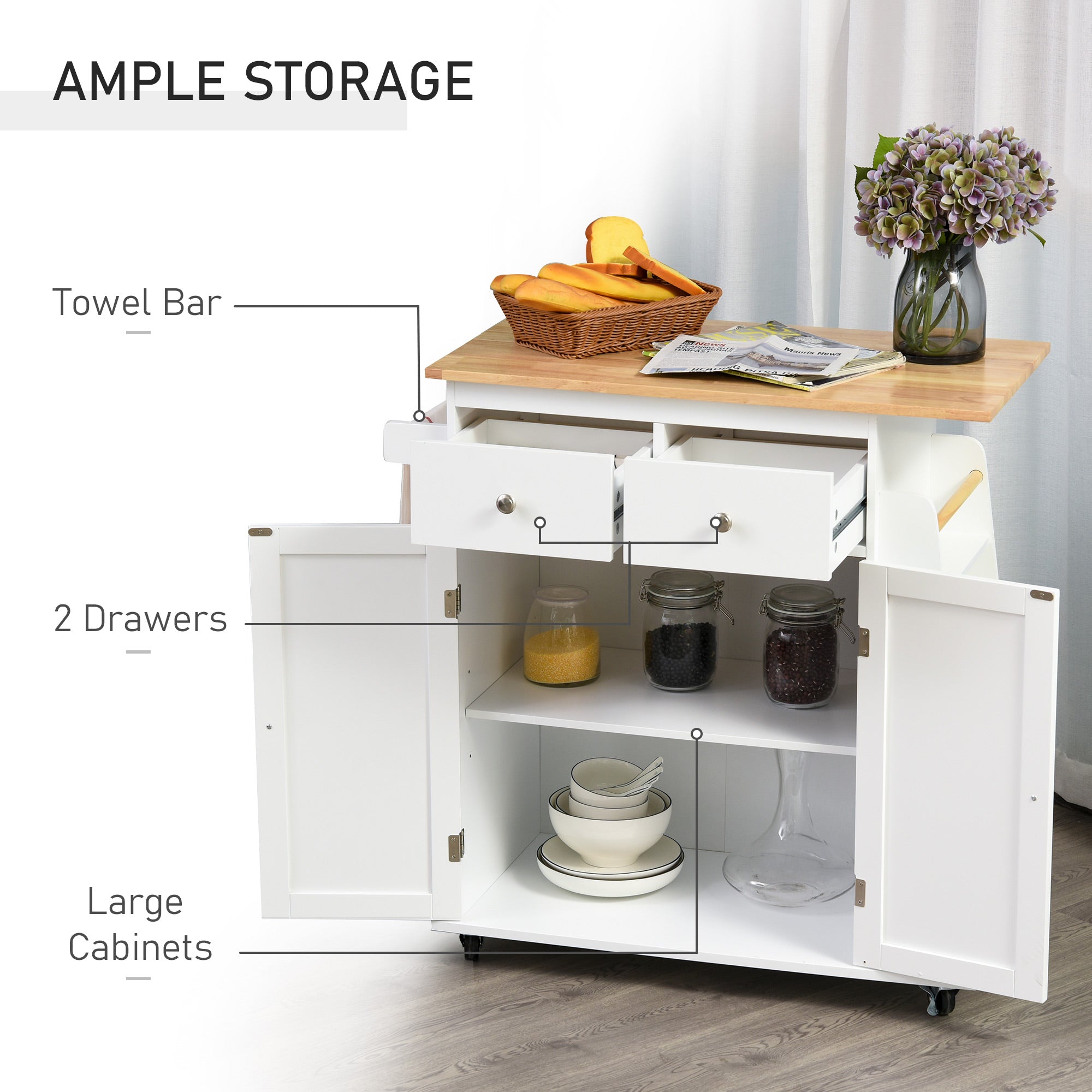 HOMCOM Kitchen Island Storage Cabinet Rolling Trolley with Rubber Wood Top, 3-Tier Spice Rack, Large Cabinet & Drawers - North Peak Garden Furniture