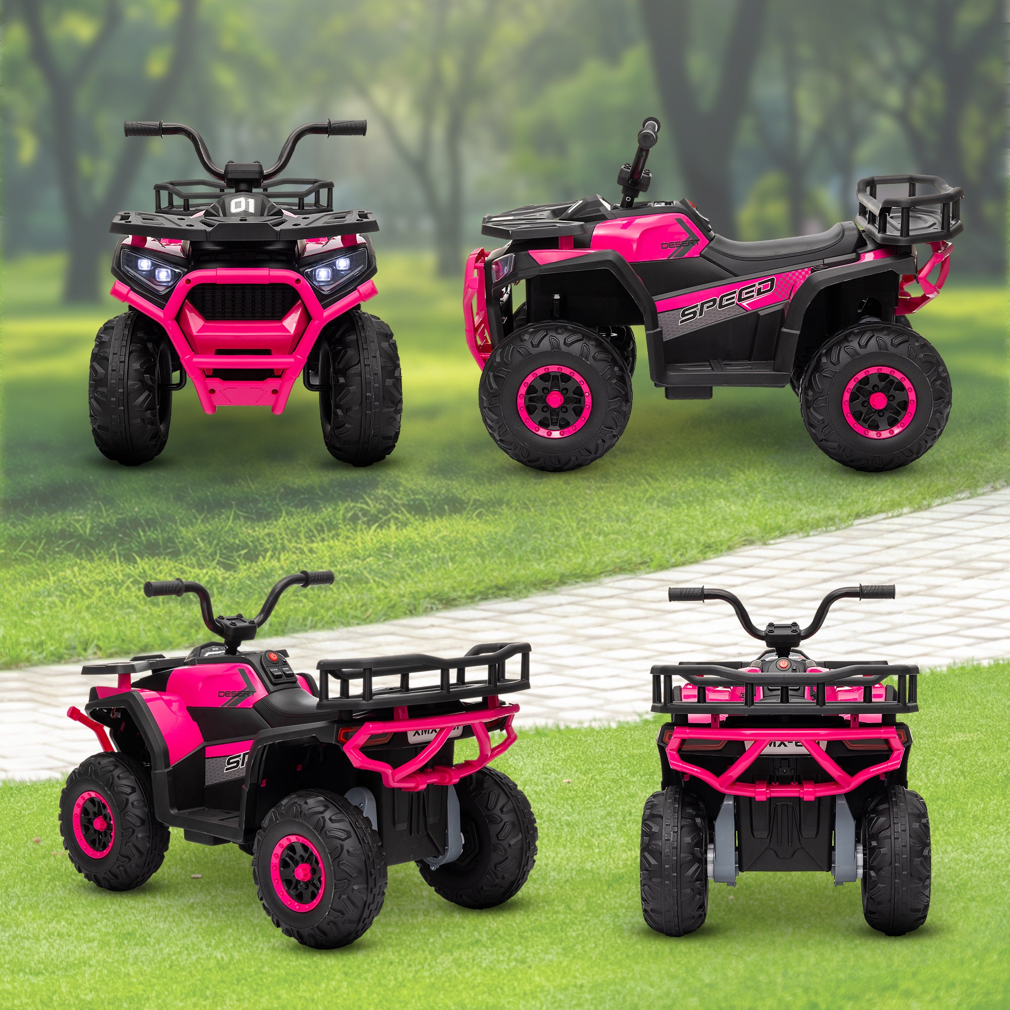 AIYAPLAY 12V Kids Electric Ride on ATV, Battery Powered Quad Bike w/ Spring Suspension, Forward Backward, Storage Basket - Pink - North Peak Garden Furniture