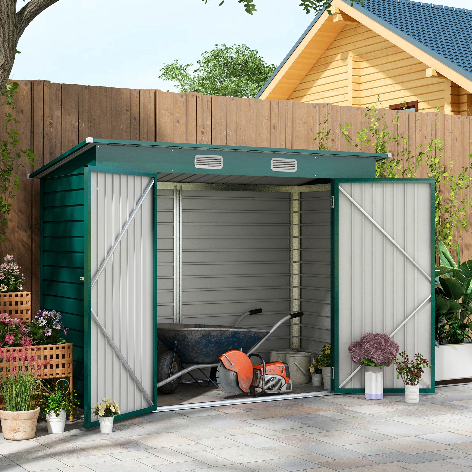 Outsunny 3.7 x 7.9ft Galvanised Steel Shed, with Latched Door and Padlock - Green - North Peak Garden Furniture
