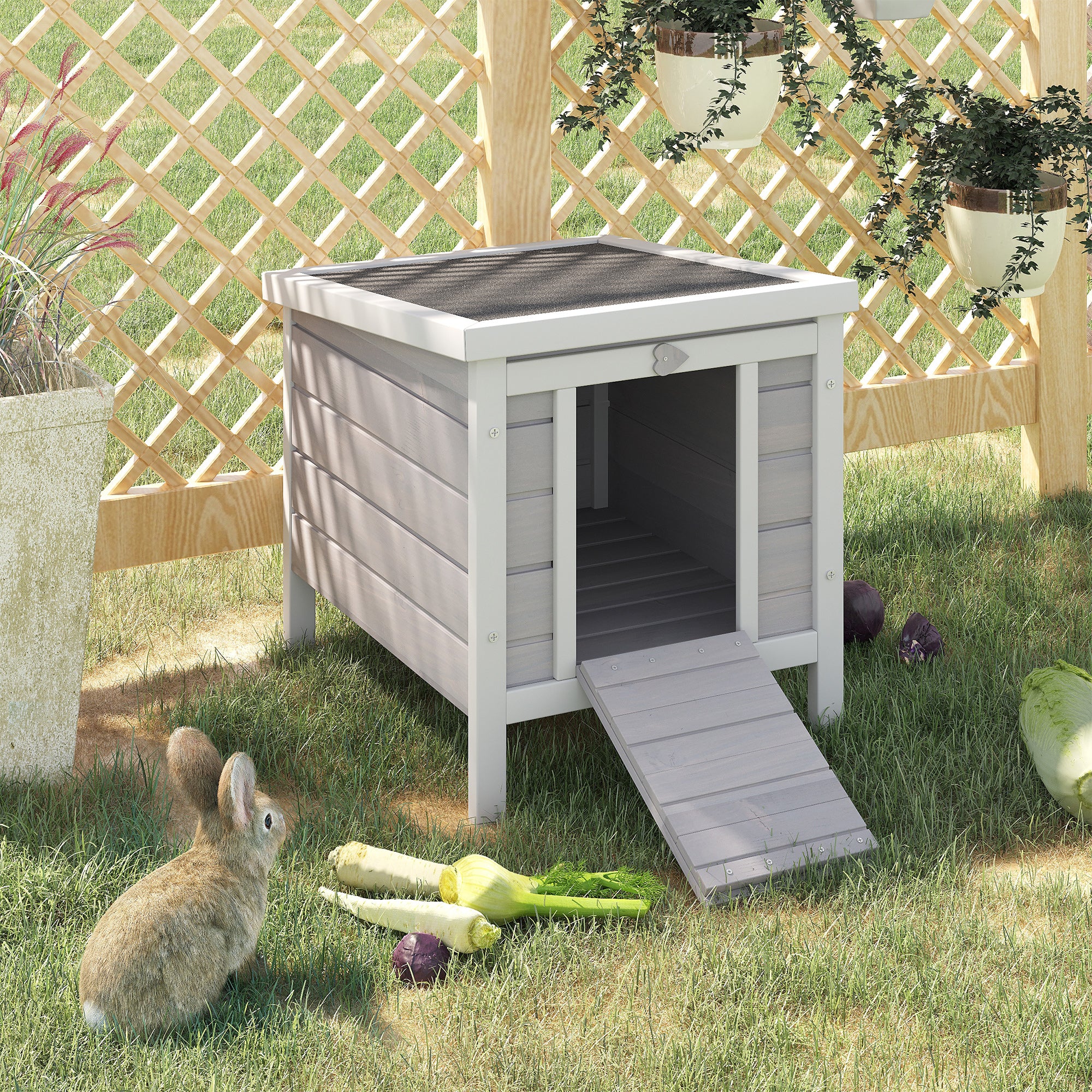 PawHut Wooden Rabbit Hutch Outdoor, Guinea Pig Hutch, Rabbit Hideaway, Cat House, Bunny Cage Small Animal House 51 x 42 x 43 cm, Grey