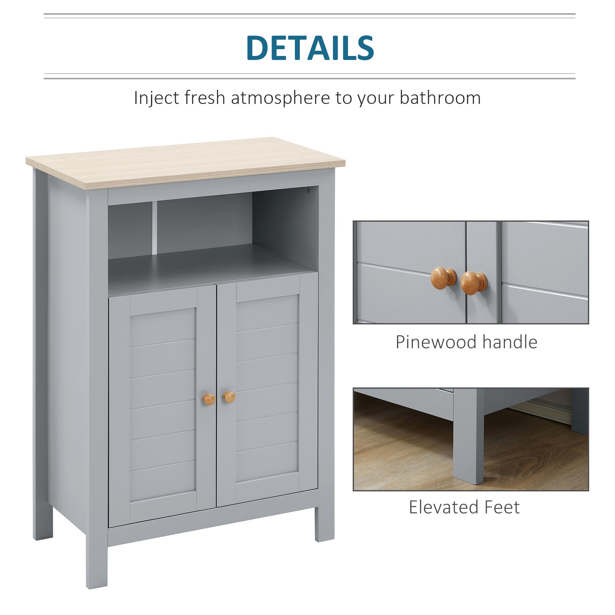 kleankin Bathroom Floor Cabinet, Free Standing Cupboard with Double Doors and Adjustable Shelf for Kitchen, Hallway, Living Room, Grey - North Peak Garden Furniture