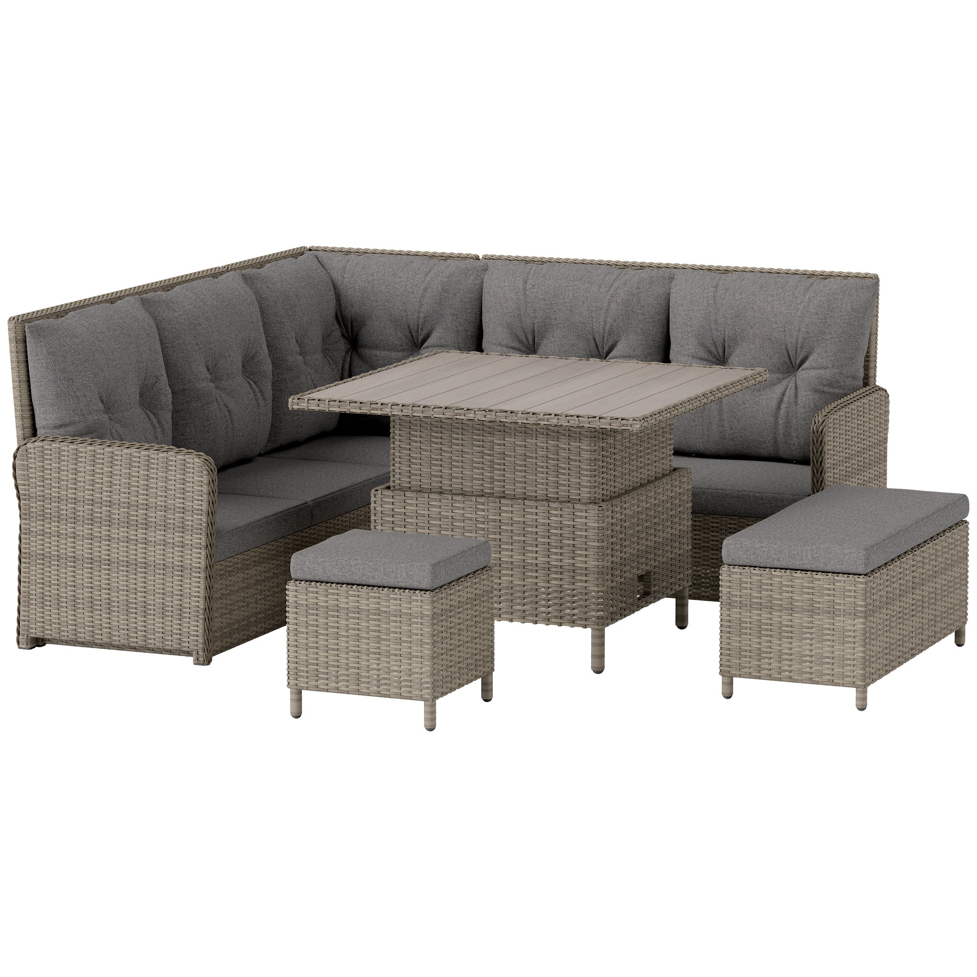 Outsunny 6 Pieces Outdoor PE Rattan Garden Furniture, Patio Wicker Sectional Conversation Corner Sofa w/ Soft Padded Cushion & Liftable Coffee Table, Light Grey