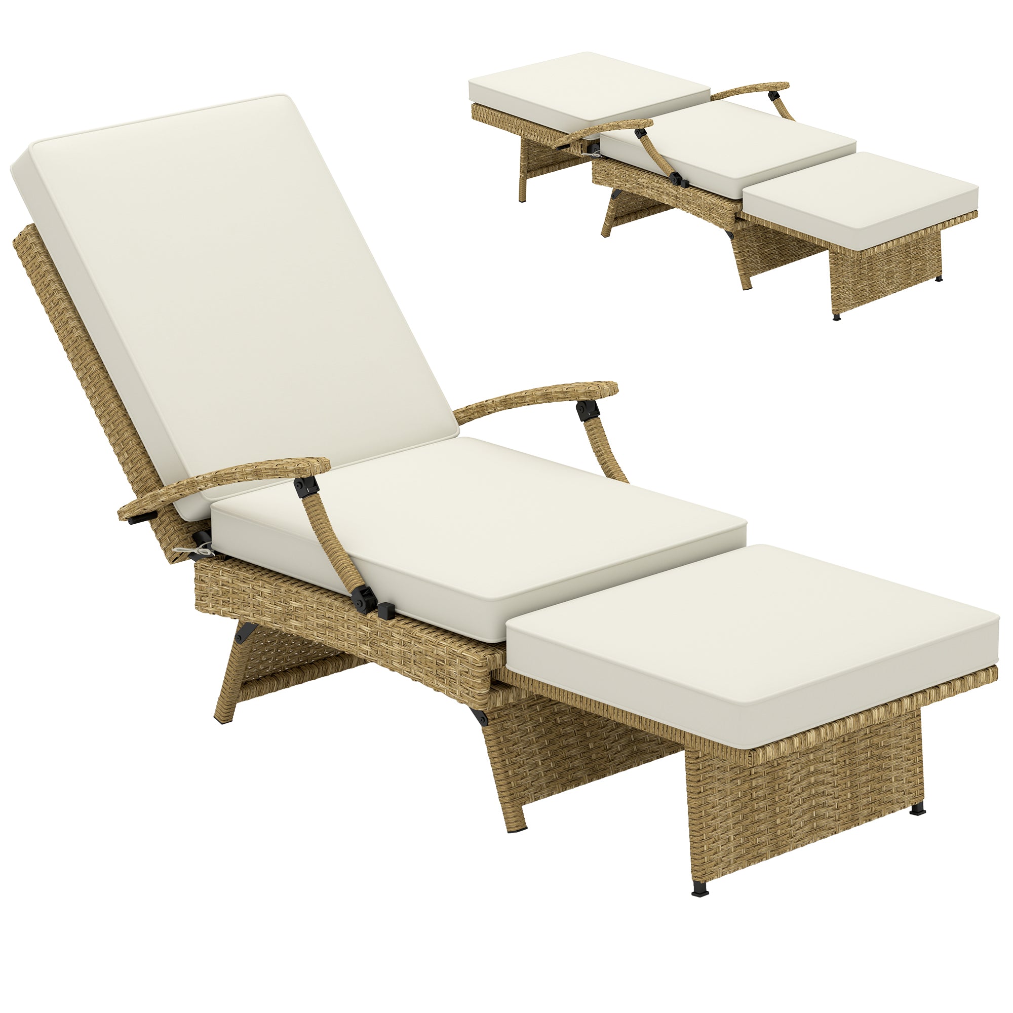 Outsunny 80° Reclining Rattan Lounger - White/Beige - North Peak Garden Furniture