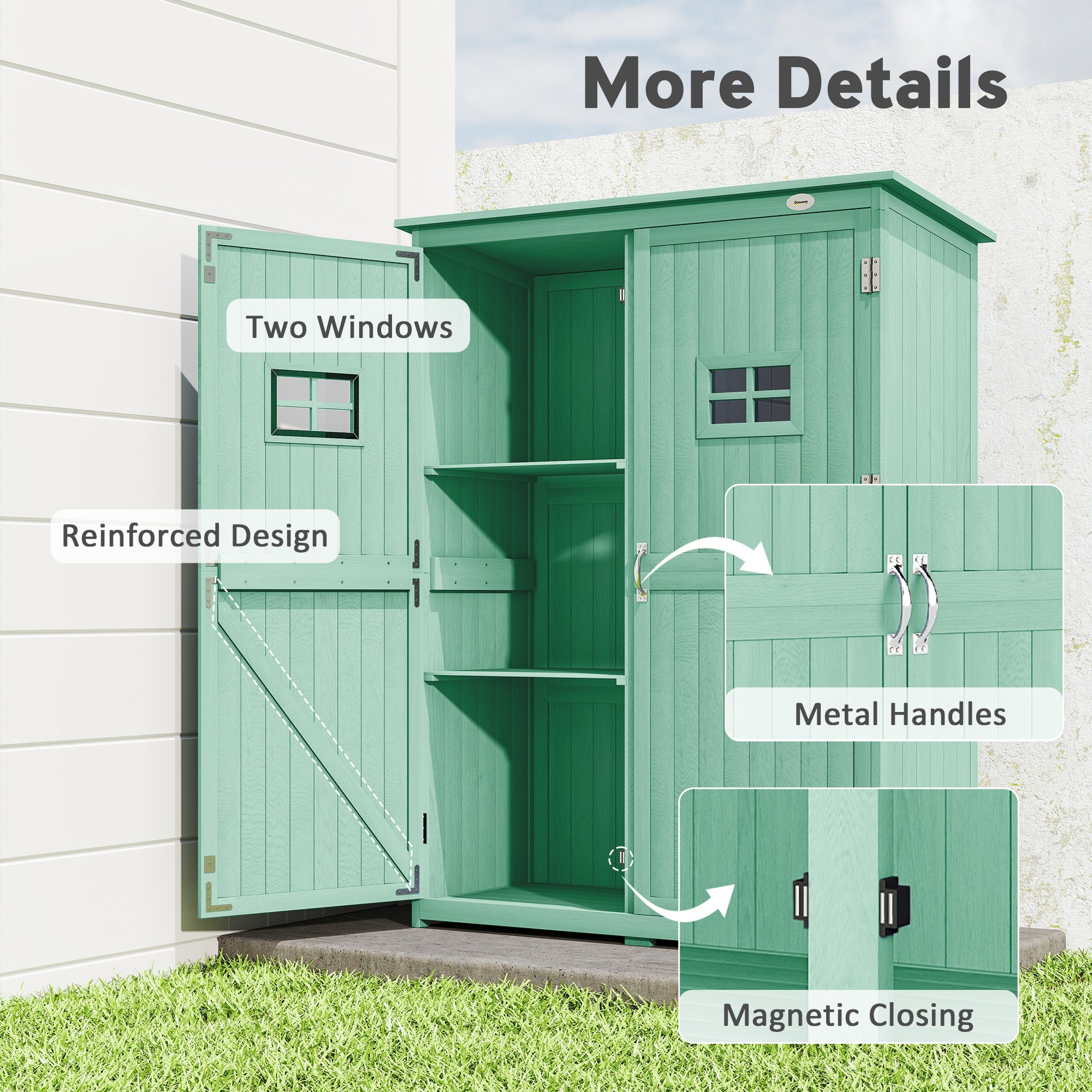 Outsunny Wooden Garden Shed with Two Windows, Tool Storage Cabinet, Outdoor Double Door organiser 127.5L x 50W x 164H cm, Green