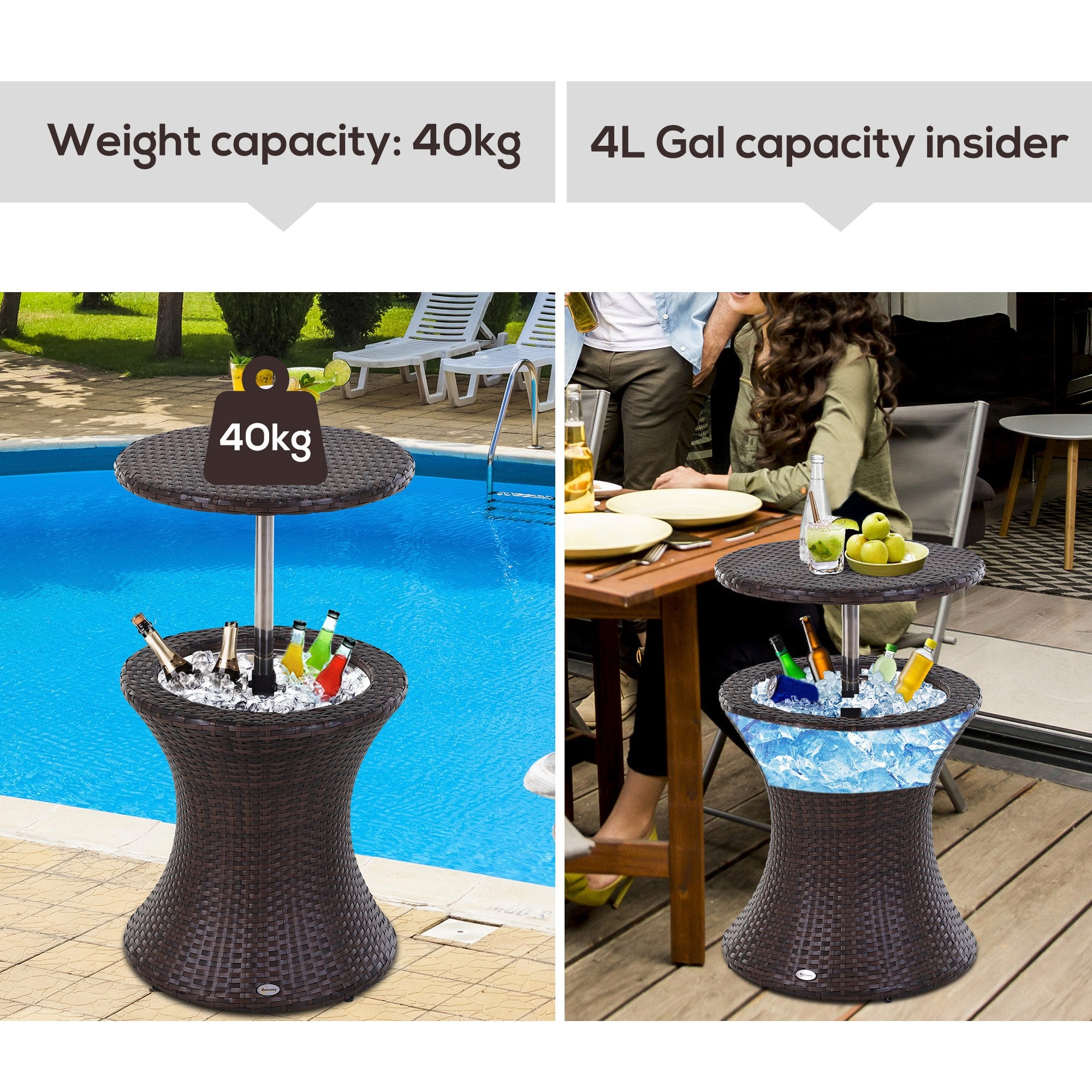 Outsunny PE Rattan Ice Bucket Table, Outdoor Round Liftable Beer Cooler, Cocktail Tables for Bar, Patio, Deck, Pool, Brown - North Peak Garden Furniture