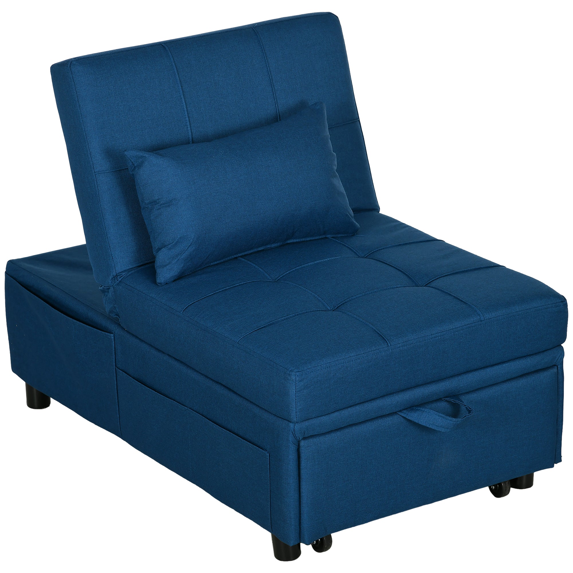 HOMCOM Convertible Chair Bed with Padding Seat, 4-in-1 Multi-Functional Sleeper Sofa Bed, Recliner with Adjustable Backrest, Side Pocket, Wheels and Pillow, for Living Room, Blue - North Peak Garden Furniture