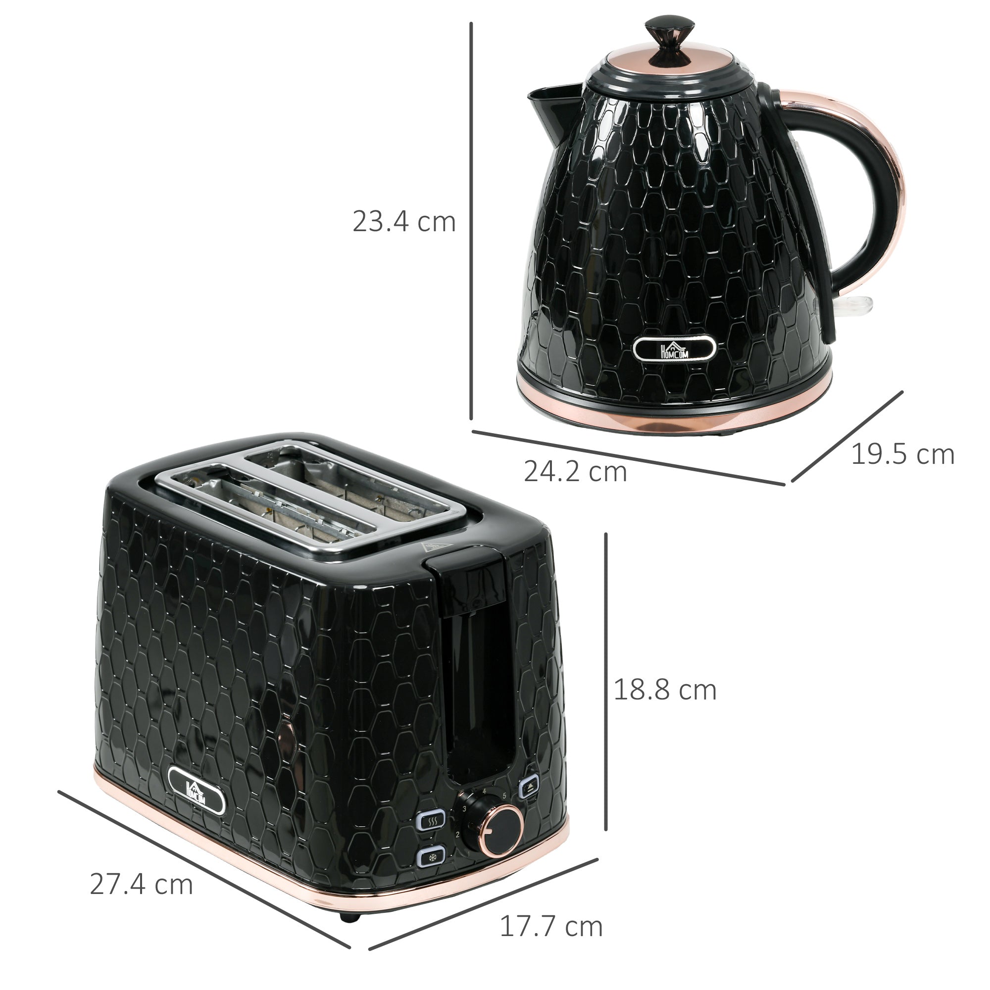 HOMCOM 1.7L 3000W Fast Boil Kettle & 2 Slice Toaster Set, Kettle and Toaster Set with Auto Shut Off, Browning Controls, Black - North Peak Garden Furniture
