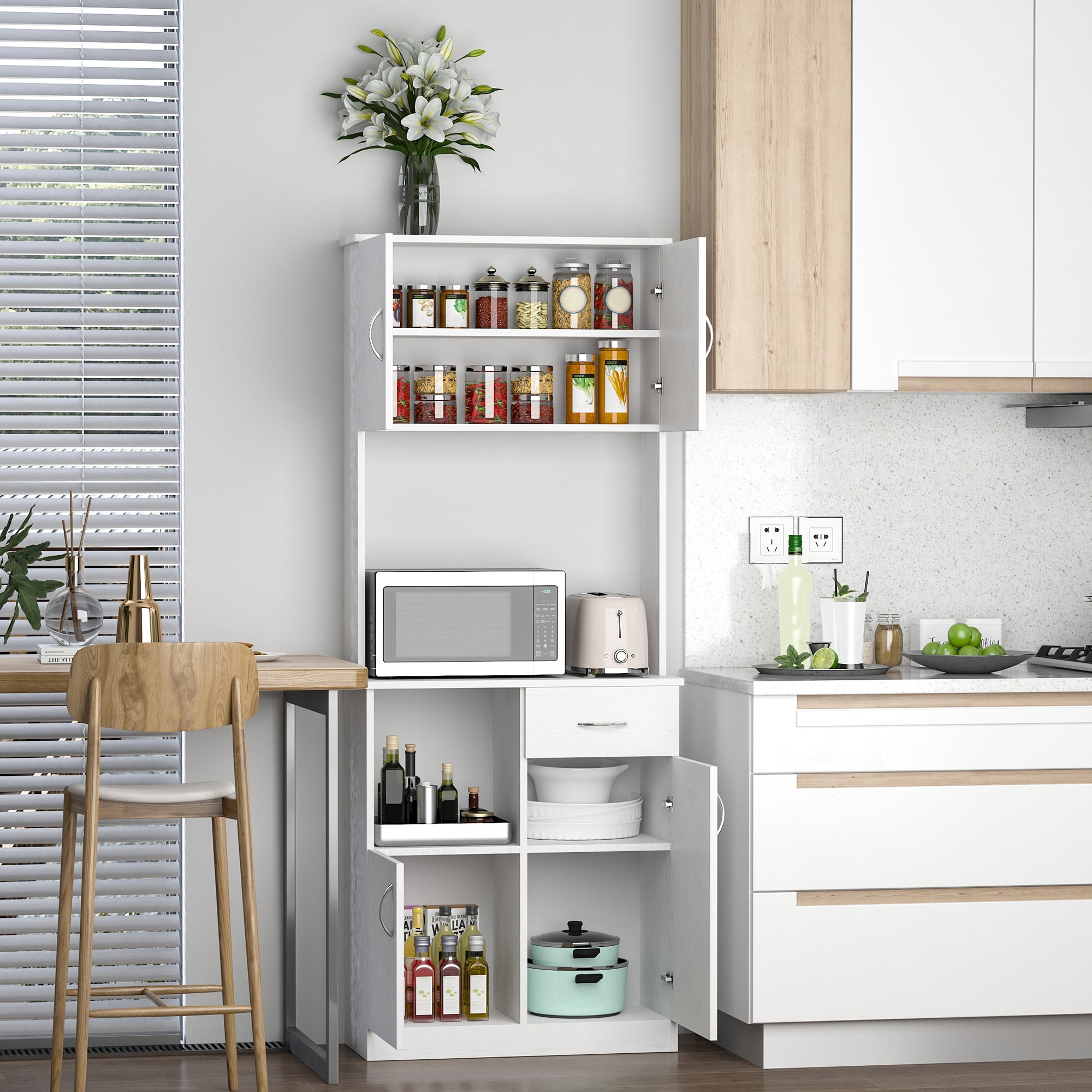 HOMCOM Tall Kitchen Cupboard, Kitchen Cabinet with Doors, Shelves, Drawer and Open Countertop, Storage Cabinet for Living Room, Dining Room, White