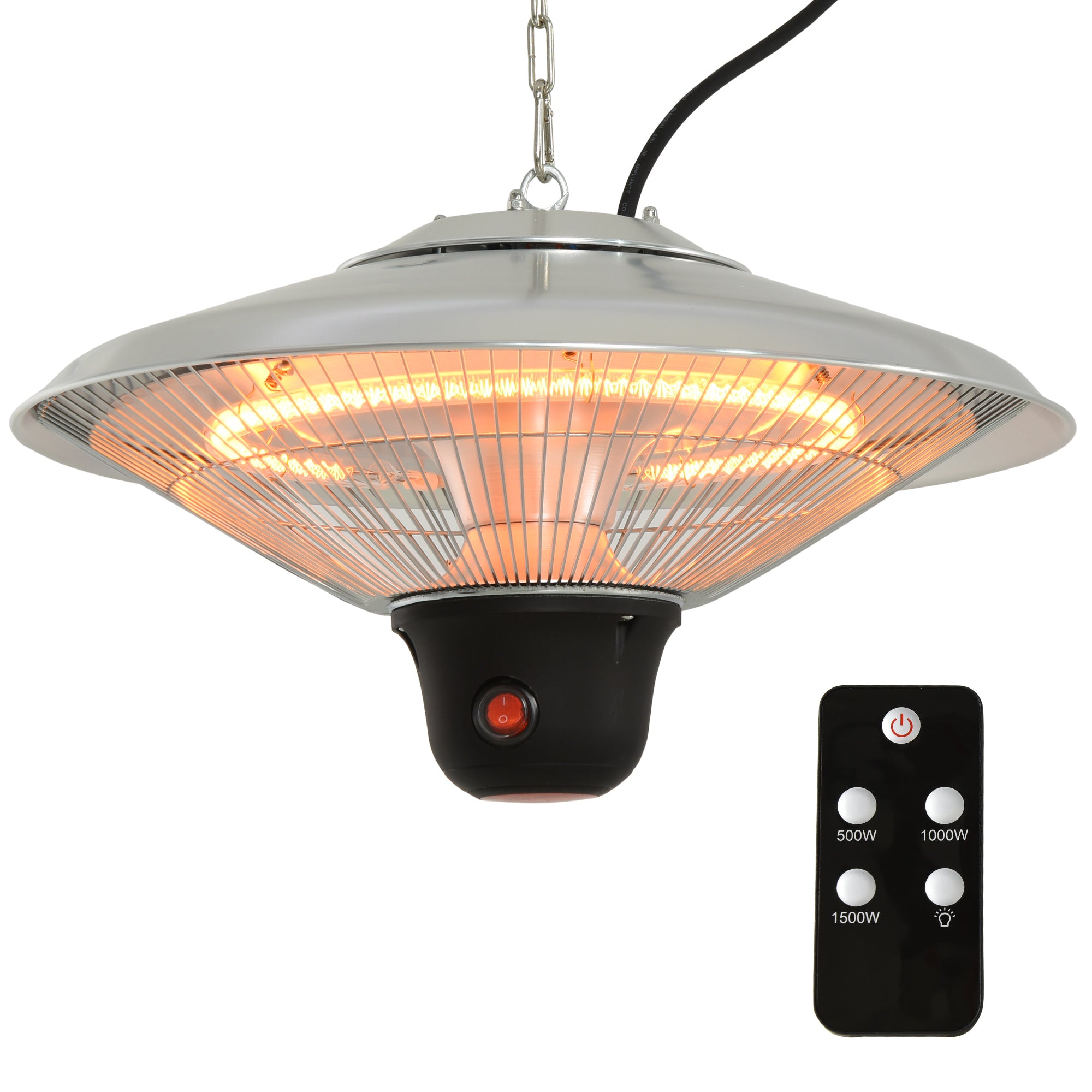 Outsunny 1500W Patio Heater Outdoor Ceiling Mounted Aluminium Halogen Electric Hanging Heating Light with Remote Control and 3 Heat Settings, Silver