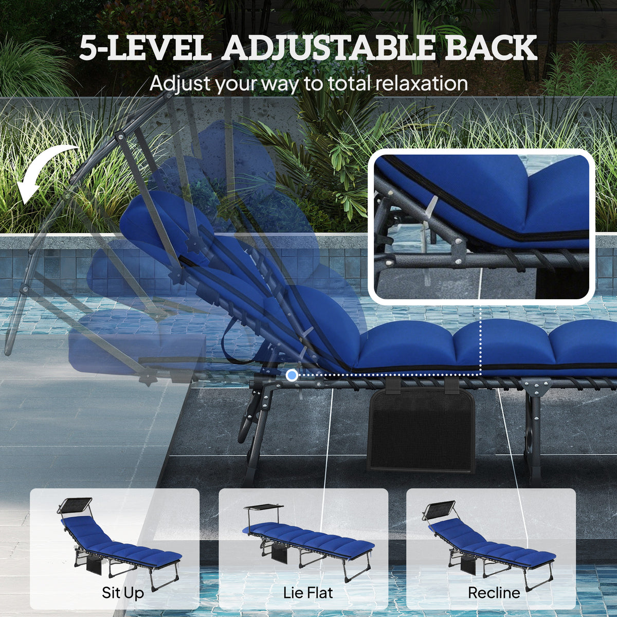 Outsunny Folding Sun Lounger with Canopy, Reclining Sunbed with Cushion, Side Pocket, Carrying Handle, Dark Blue