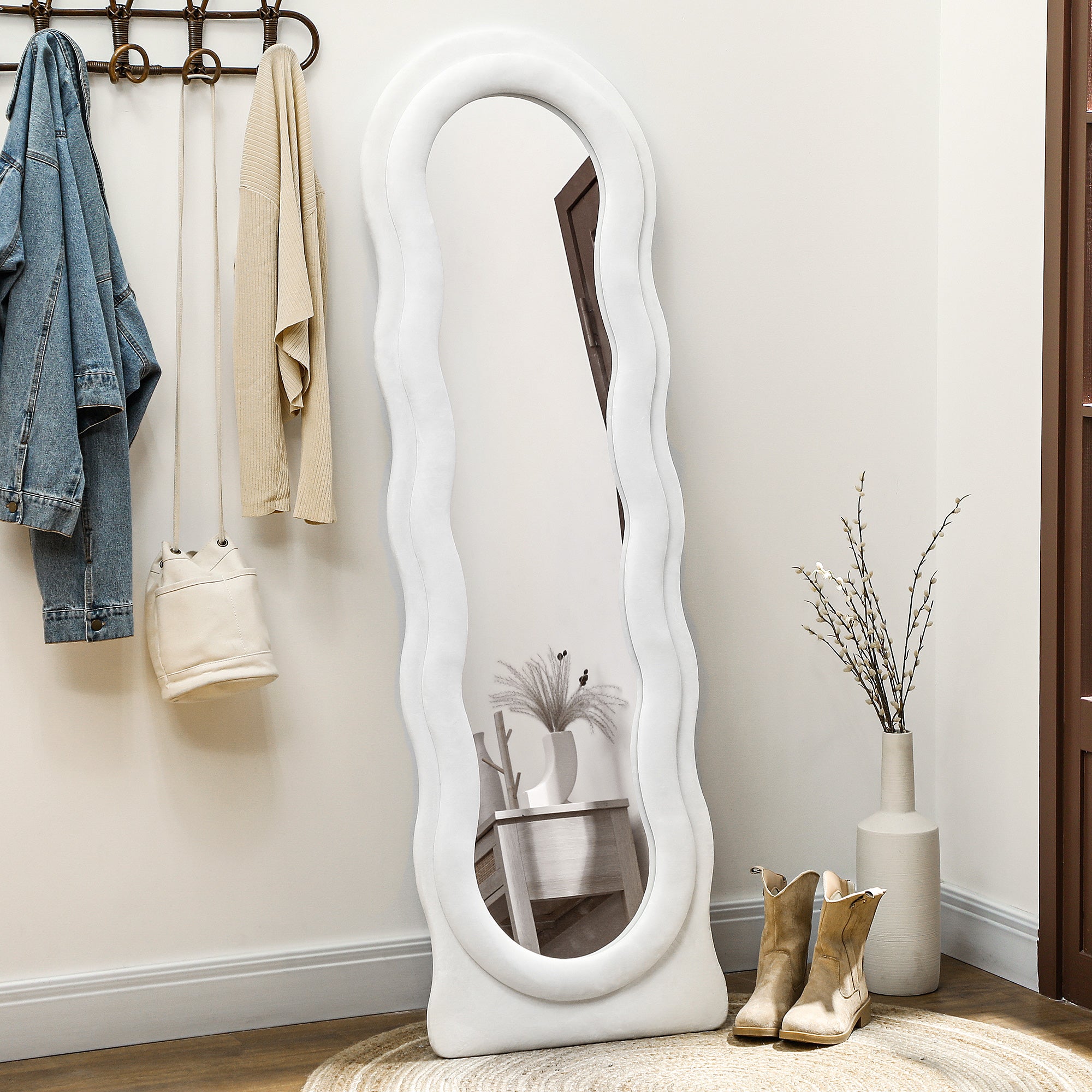 HOMCOM Wavy Velvet-Feel Full Length Mirror - White - North Peak Garden Furniture