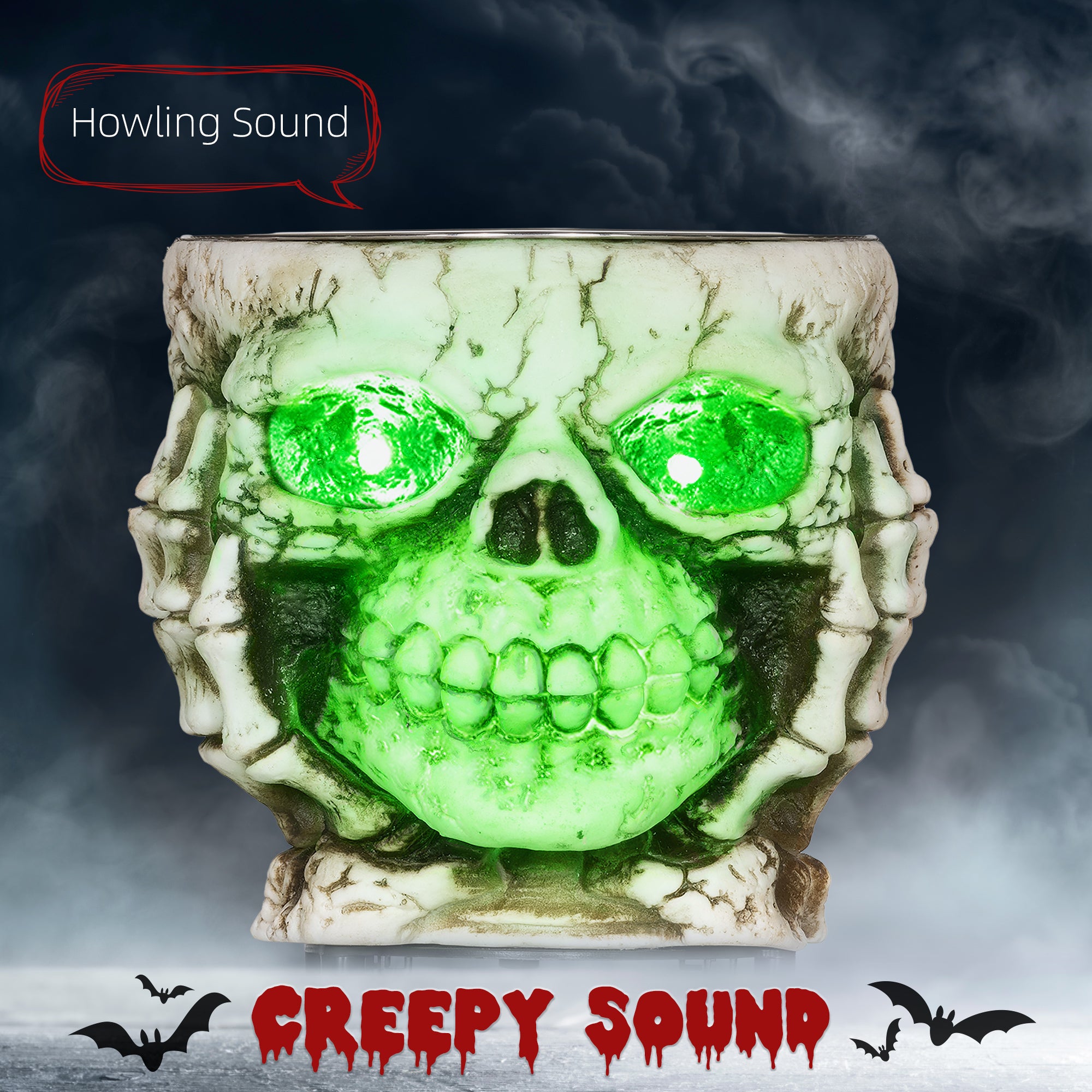 HOMCOM 14cm 5.5" Skeleton Candy Bowl Outdoor Halloween Decoration, Halloween Prop with Sound Activated, Light Up Eyes, Sound Effects for Haunted House