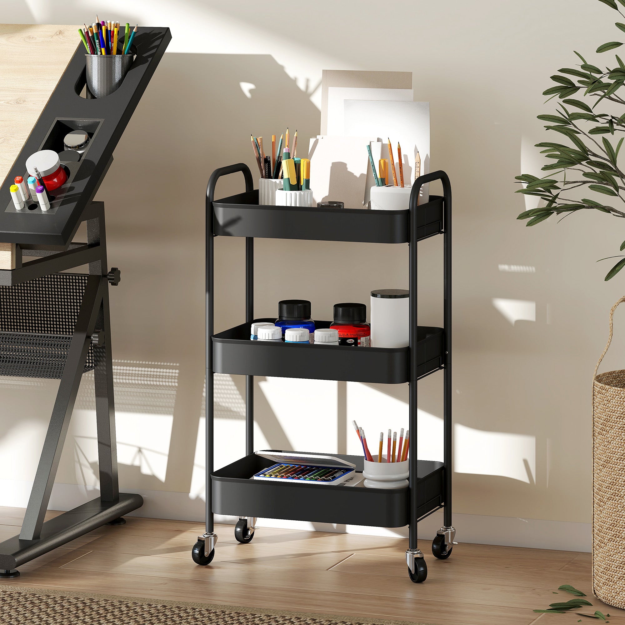 HOMCOM Three-Tier Steel Storage Trolley - Black