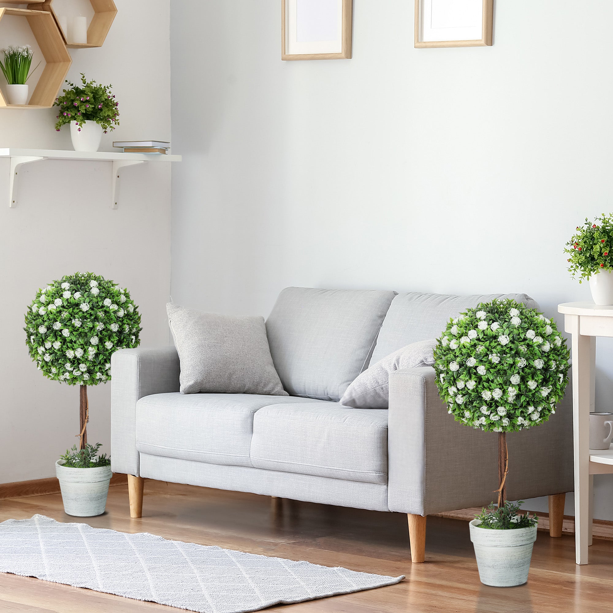 HOMCOM Set of 2 Decorative Artificial Plants, Ball Topiary Tree with Rose Flower in Pot, Fake Plants for Home Indoor Outdoor Decor, 60cm, White - North Peak Garden Furniture