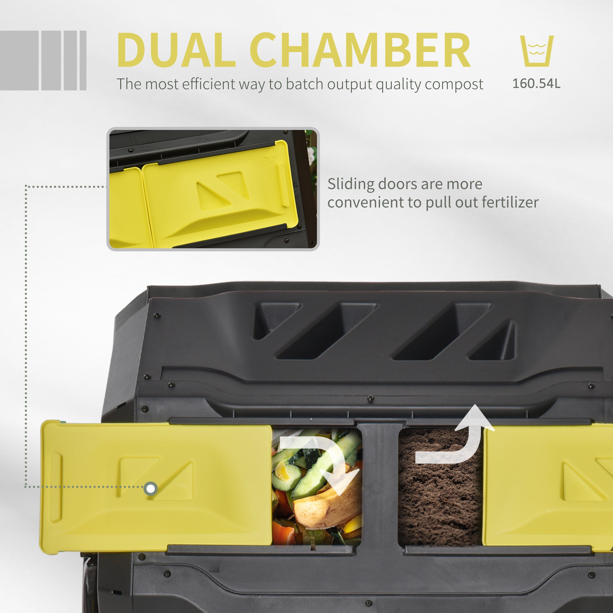 Outsunny 160L Tumbling Compost Bin Outdoor Dual Chamber 360° Rotating Composter, Garden Compost Bin w/ Sliding Doors & Solid Steel Frame, Yellow - North Peak Garden Furniture