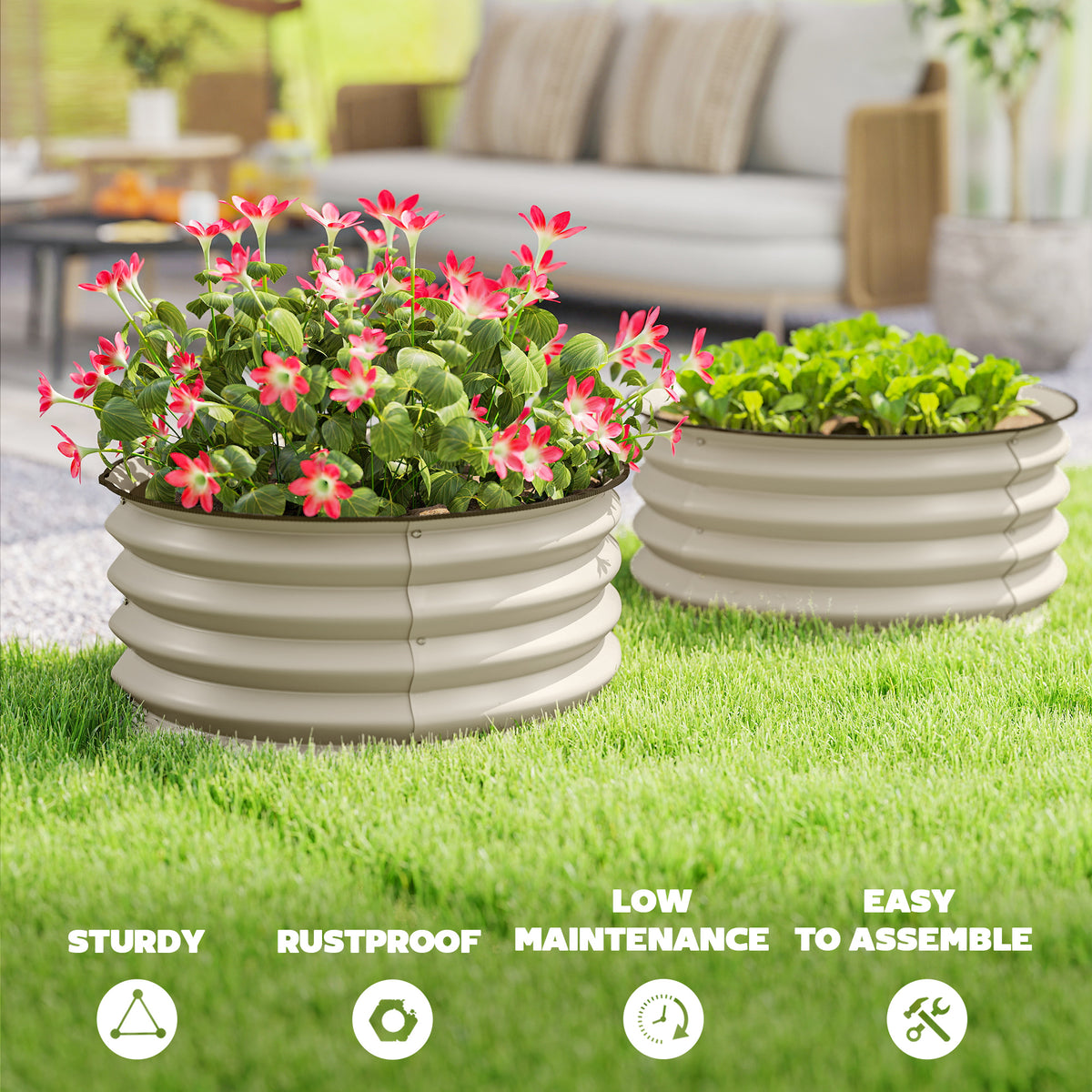 Outsunny Set of 2 Raised Garden Bed, Metal Planter Box with Safety Edging, Easy-to-assemble Stock Tank, Cream White