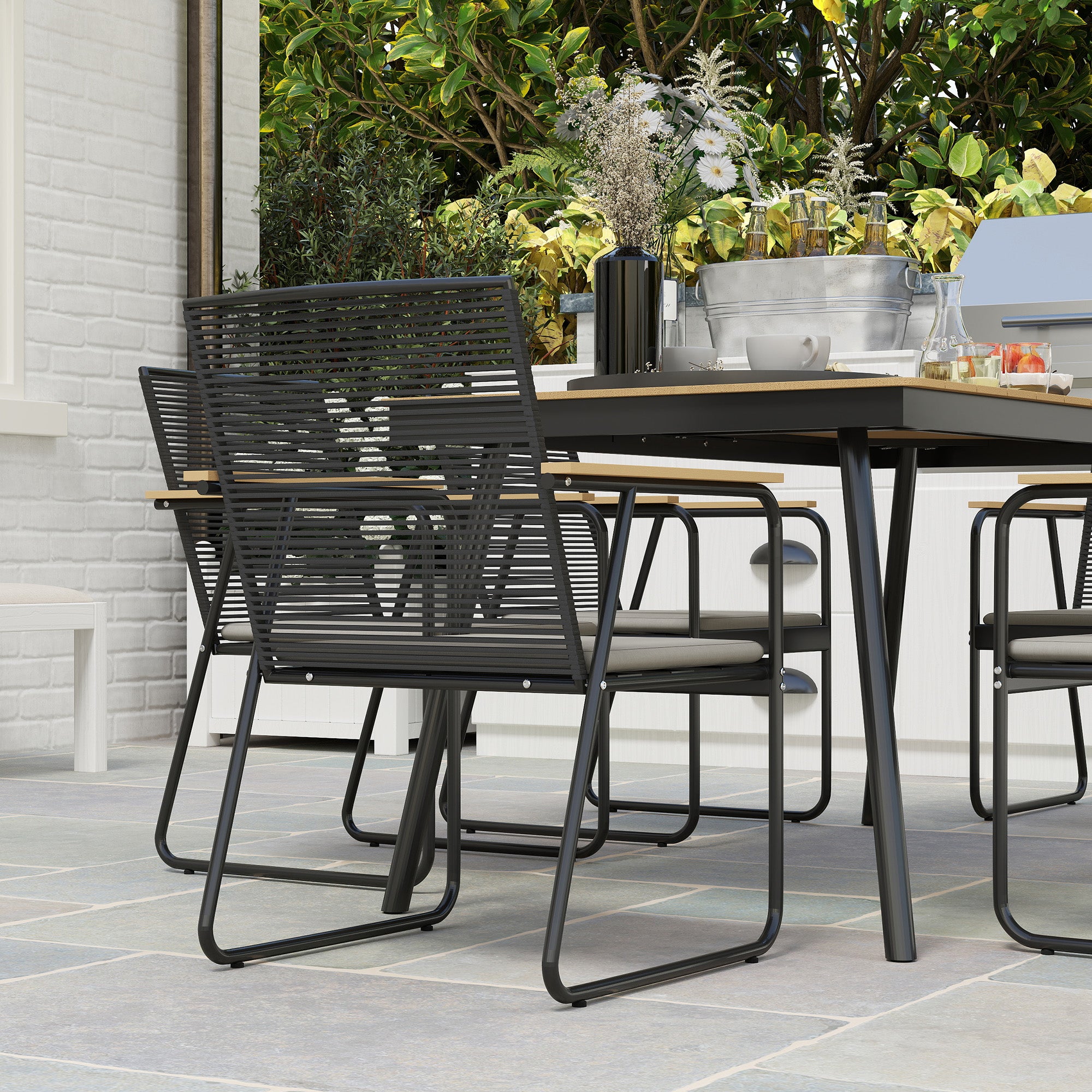 Outsunny 6 Seater Garden Dining Set with Soft Cushions, Rattan Backrest, Rectangular Plastic Top, Garden Furniture Set, Outdoor Dining Table and Chairs for Patio, Balcony, Poolside, Nature Wood Finish - North Peak Garden Furniture