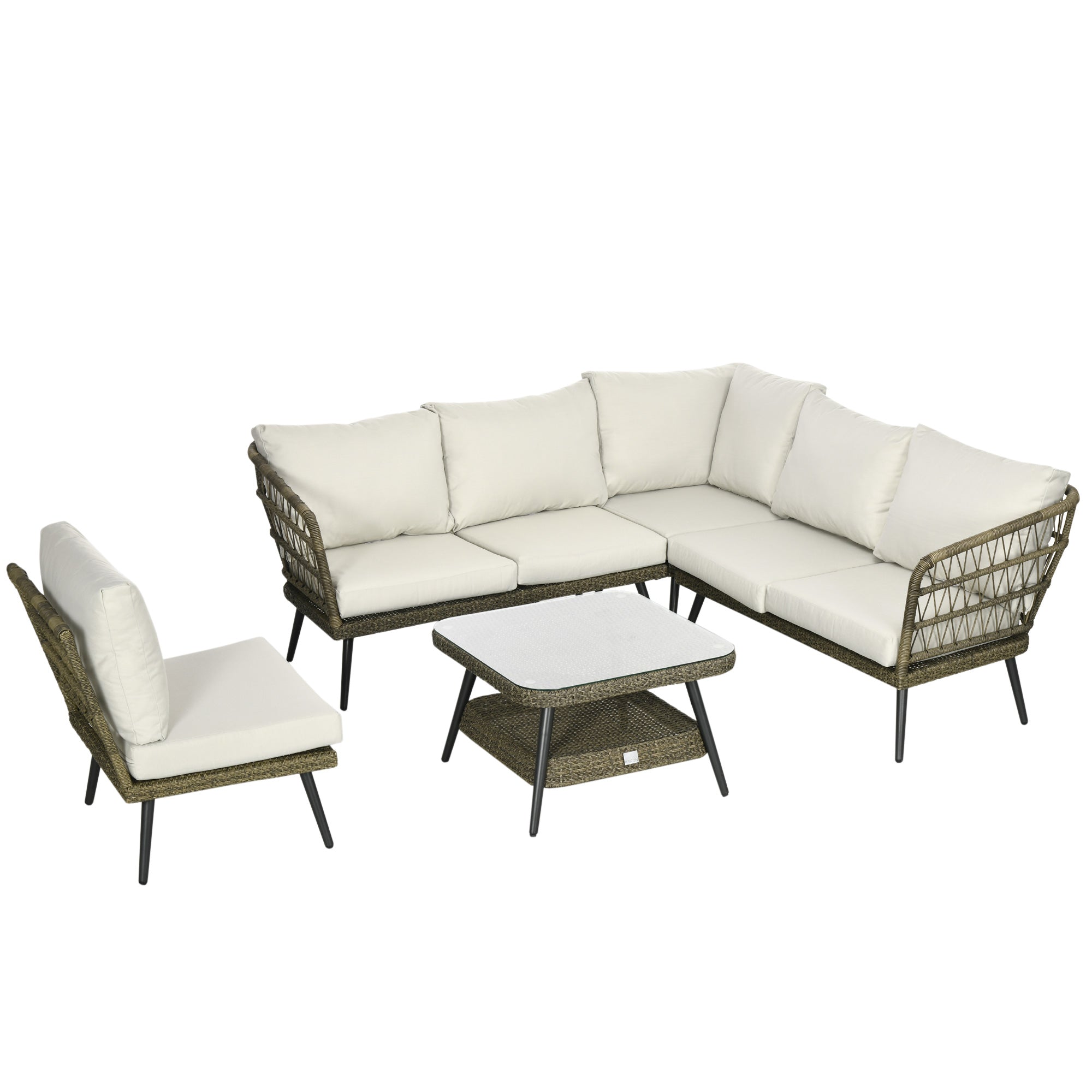 Outsunny 5 Pieces Outdoor Rattan Corner Sofa, Round and Twin Half-round Wicker Woven Rattan Garden Furniture w/ Thick Padded Cushions and Tempered Glass Top Two-tier Table, Grey - North Peak Garden Furniture