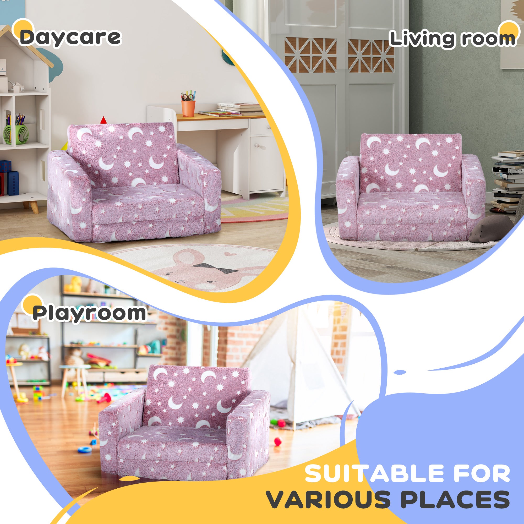 AIYAPLAY 2 in 1 Kids Kids Folding Bed Armchair with Glow in The Dark Cosmic Design, Washable Cushion and Cover, Blue - North Peak Garden Furniture