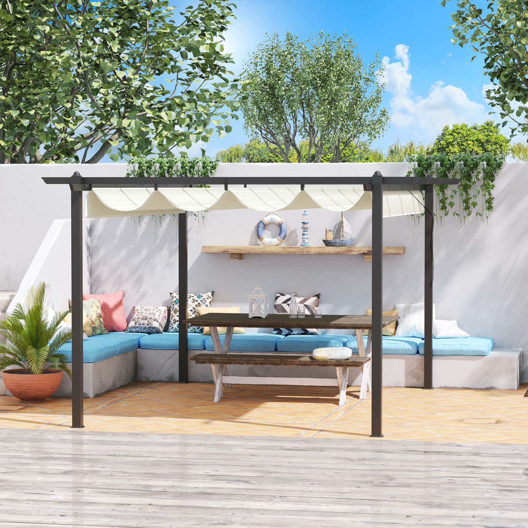 Outsunny 4 x 3(m) Aluminium Pergola with Retractable Roof, Garden Gazebo Canopy Shelter for Outdoor, Patio, Cream White