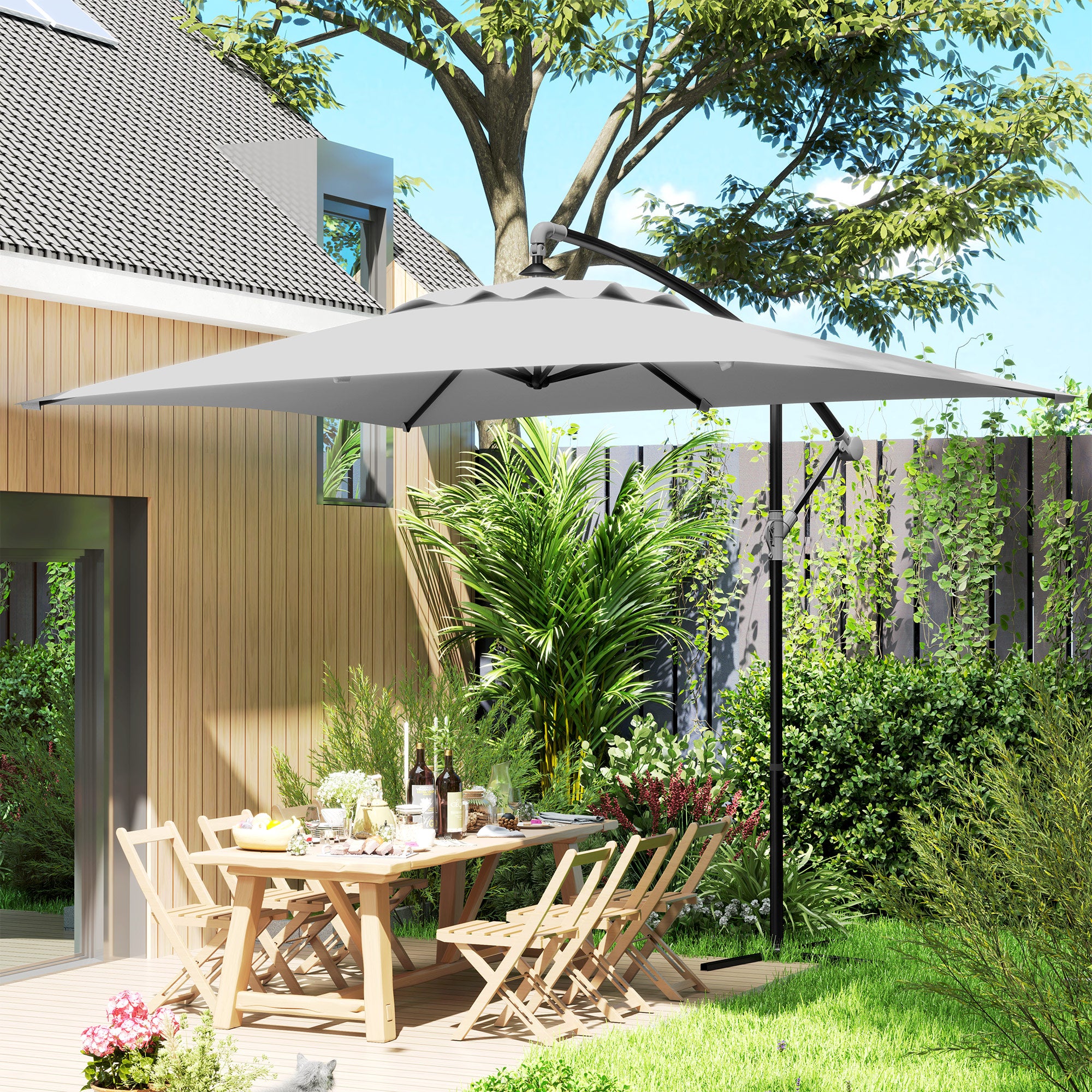 Outsunny 3(m) Cantilever Overhanging Parasol, with Cross Base - Light Grey - North Peak Garden Furniture