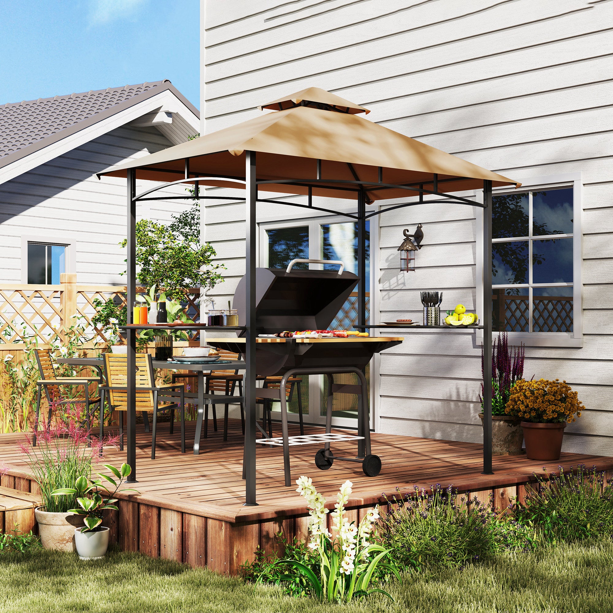 Outsunny 2.5M (8ft) New Double-Tier BBQ Gazebo Shelter Grill Canopy Barbecue Tent Shelter Patio Deck Cover - Khaki - North Peak Garden Furniture