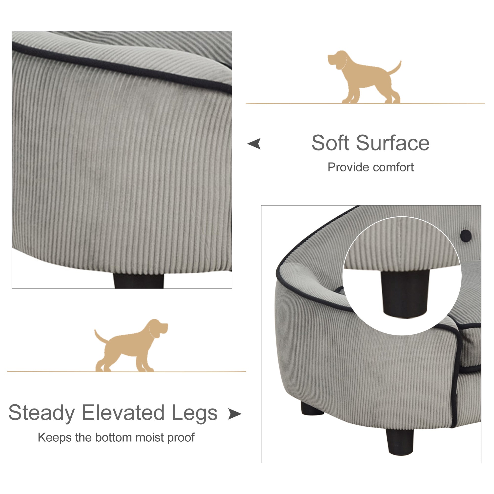 PawHut Dog Sofa for XS and S Size Dogs, Pet Chair Bed with Soft Cushion, Cat Sofa  Couch with Washable Cover, Wooden Frame, 66.5 x 45 x 35.5 cm, Grey