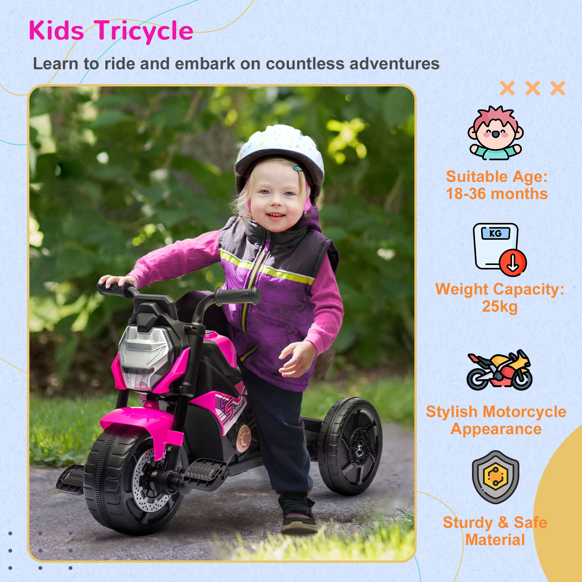 AIYAPLAY Motorcycle Design, 3 in 1 Toddler Trike, Sliding Car, Balance Bike with Headlight, Music, Horn, Pink