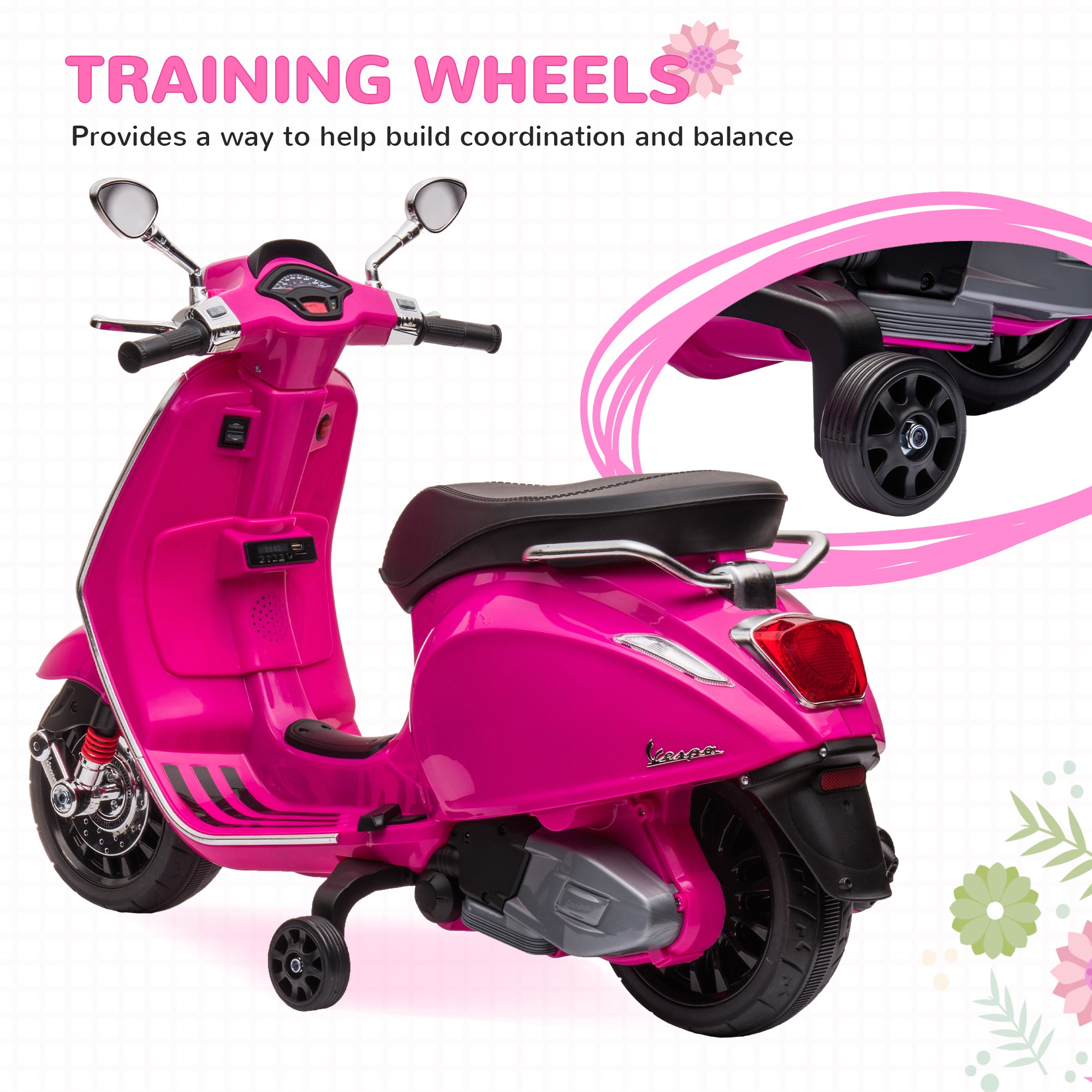 AIYAPLAY 12V Vespa Licensed Kids Electric Motorbike w/ Music, Headlights, FM Radio, for 3-6 Years - Pink - North Peak Garden Furniture