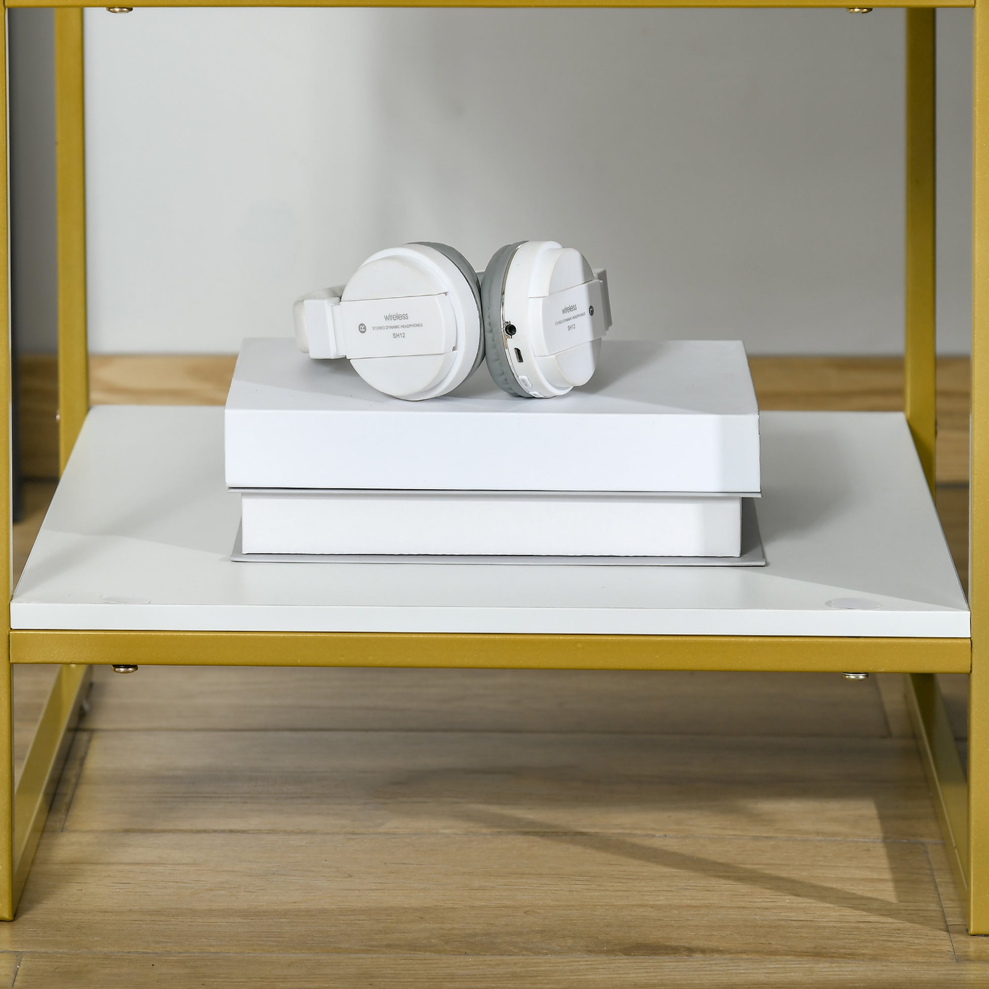 HOMCOM Modern Bedside Table, Nightstand with Drawer Shelf, Side Table for Living room, Bedroom White and Gold, Set of 2 - North Peak Garden Furniture