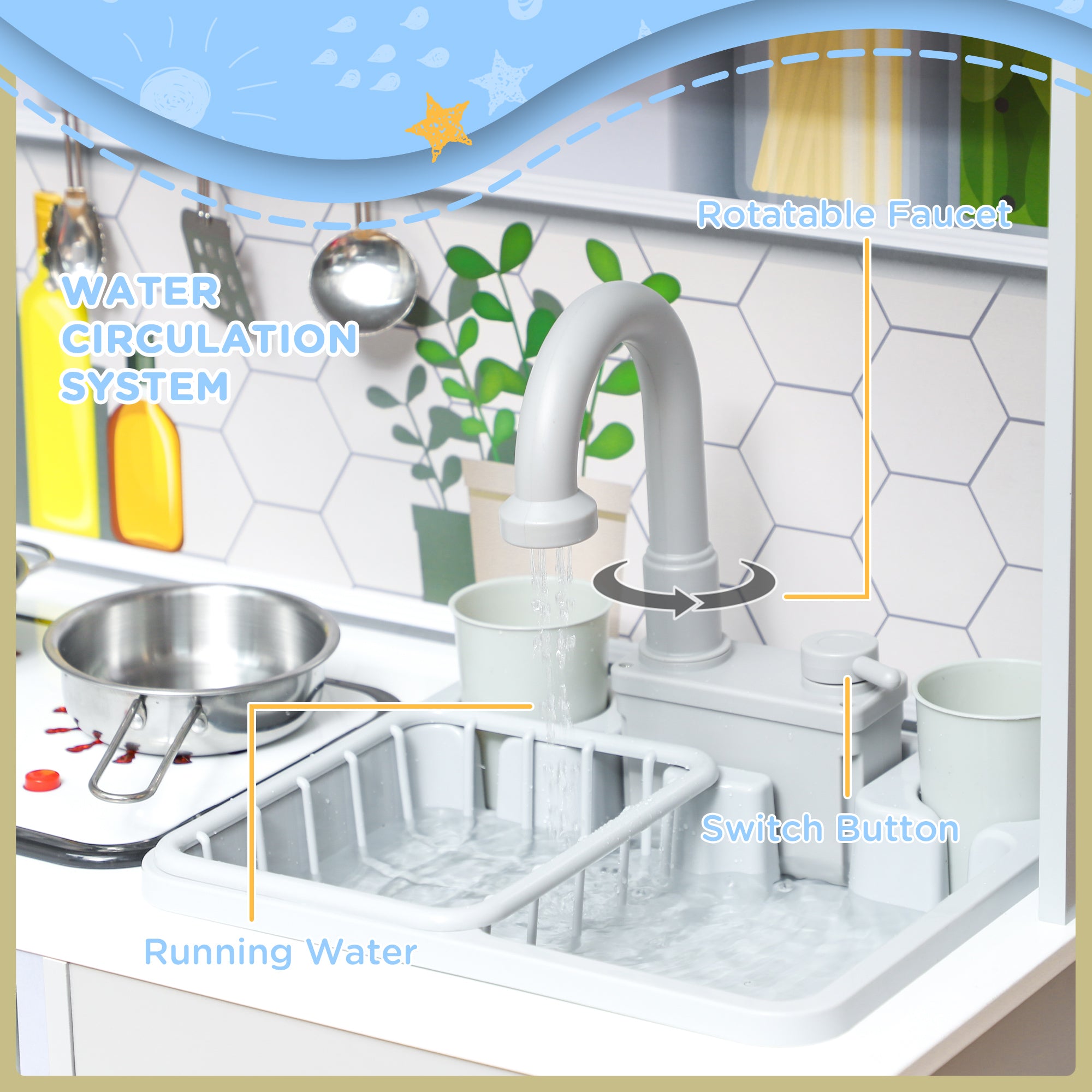 AIYAPLAY Pretend Play Toy Kitchen, Kids Kitchen Playset w/ Sounds and Lights Running Water, Coffee Maker, Refrigerator - North Peak Garden Furniture
