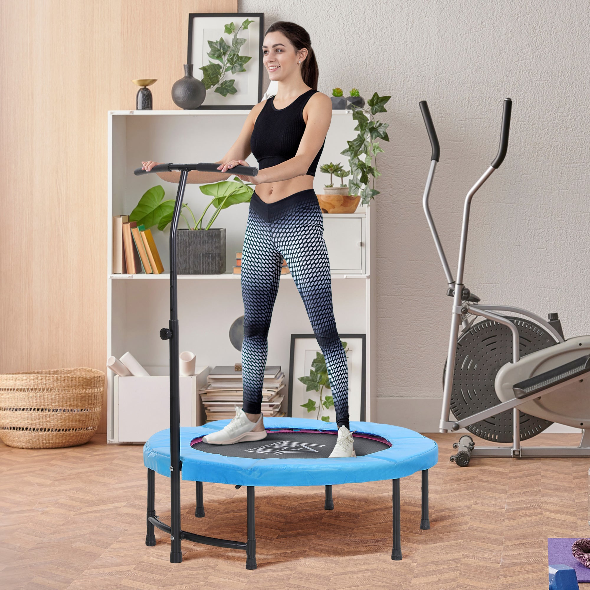 HOMCOM 40'' Fitness Trampoline with Adjustable Handle, Rebounder Trampoline Mini Jumper for Indoor Exercise Workout, Support Up to 100kg, Blue - North Peak Garden Furniture