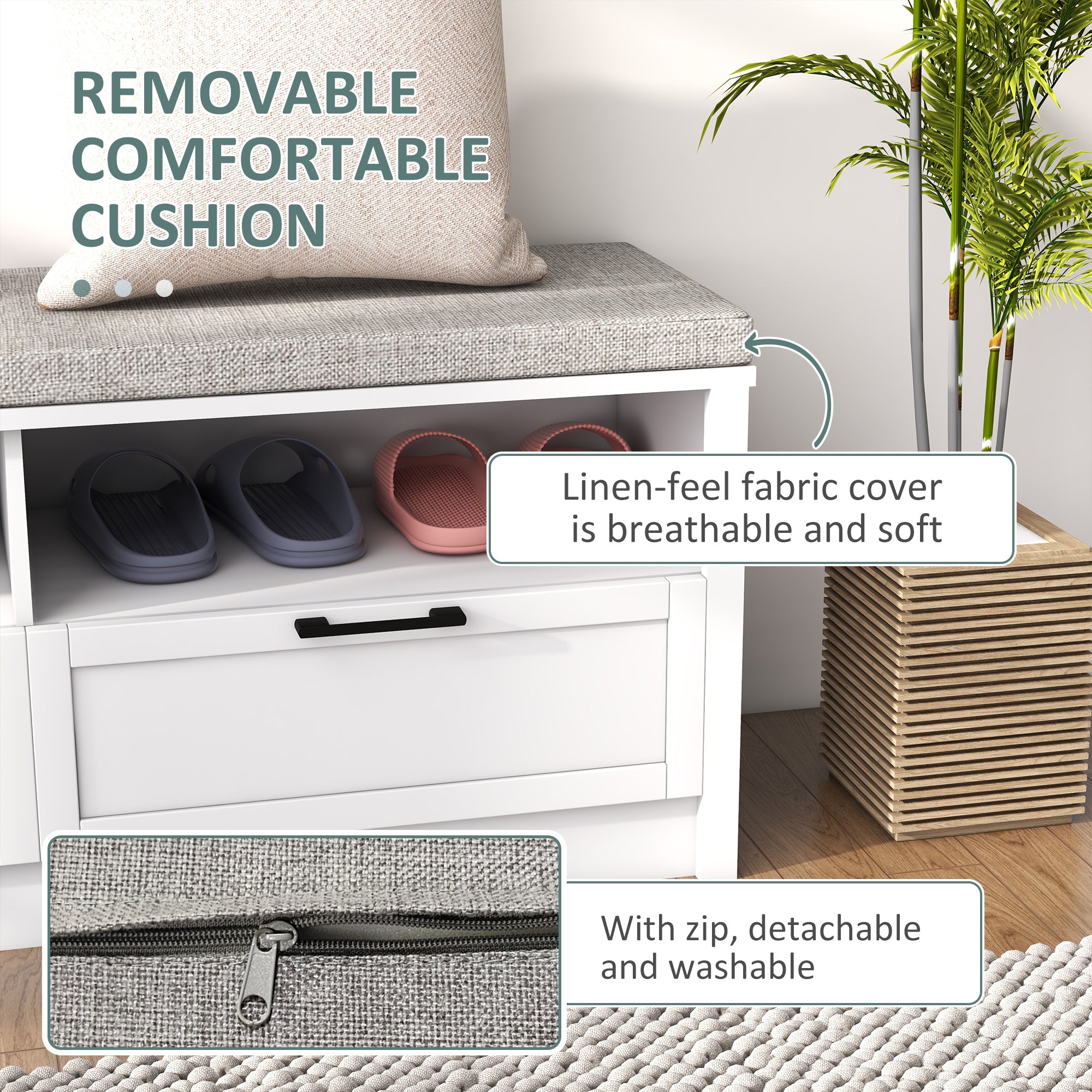 HOMCOM Shoe Bench with Removable Cushion, Shoe Storage Bench with Padded Seat, Open Compartments and Drawers for Entryway Hallway - North Peak Garden Furniture