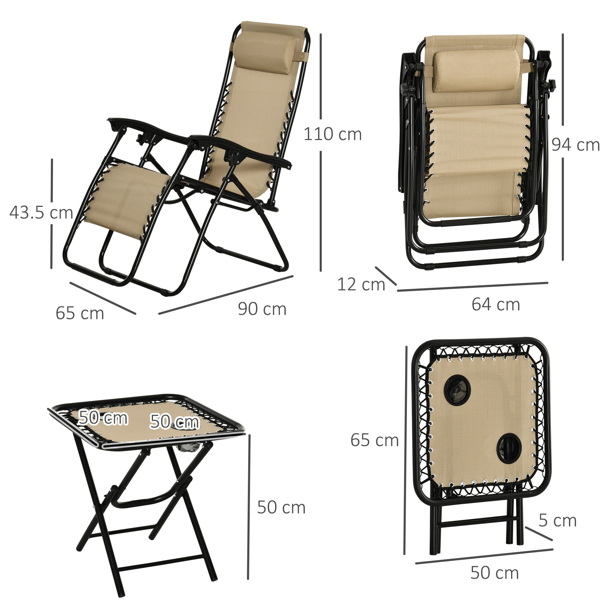 Outsunny 3pcs Folding Zero Gravity Chairs Sun Lounger Table Set w/ Cup Holders Reclining Garden Yard Pool, Beige - North Peak Garden Furniture