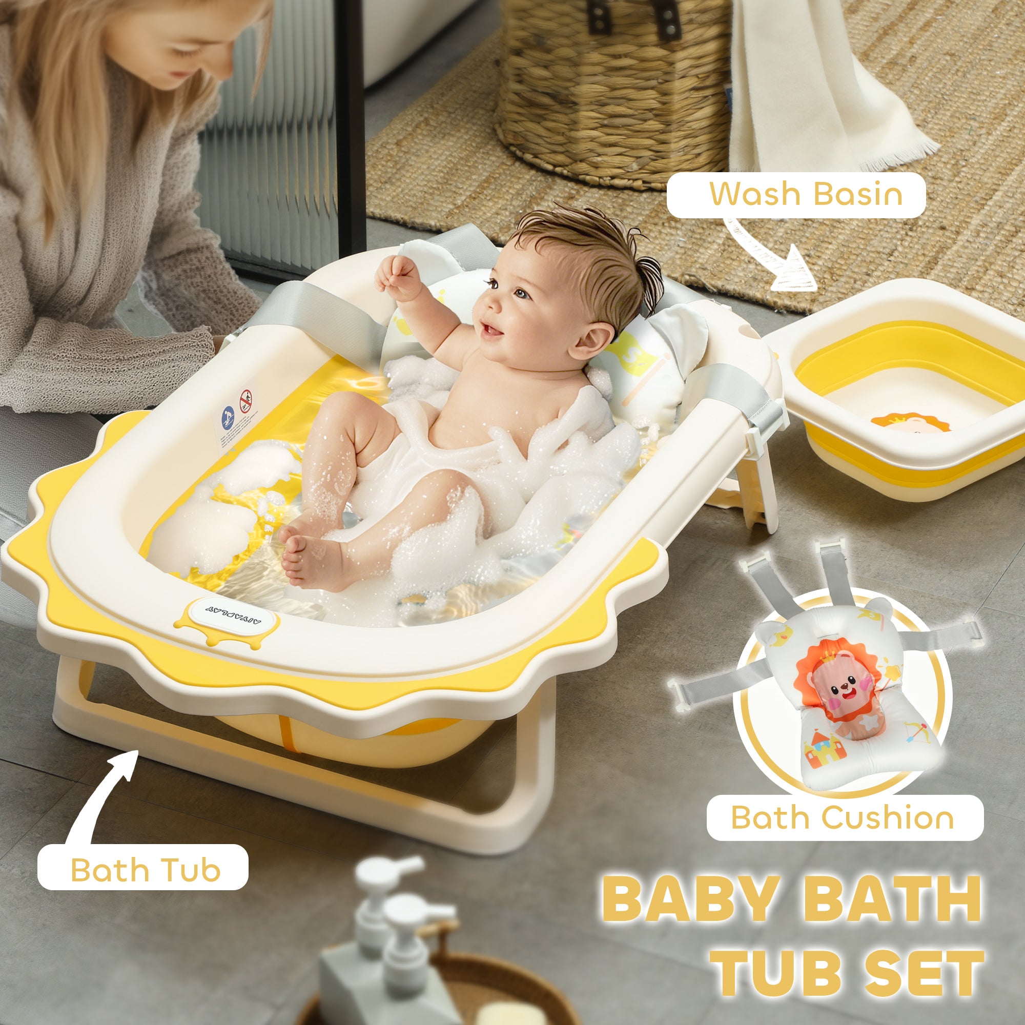 AIYAPLAY Foldable Baby Bath Tub Set with Bath Cushion, Wash Basin, Non-slip Stand & Bottom, Yellow