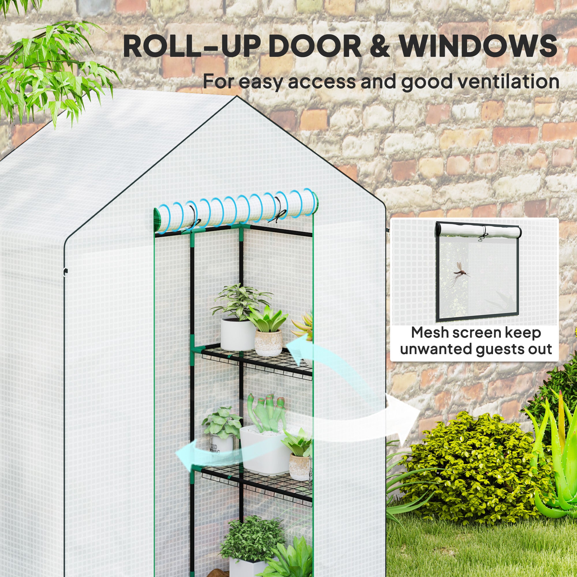 Outsunny Walk-in Greenhouse with 3 Tier 4 Shelves, Small Greenhouse with Reinforced PE Cover, Garden Plant Growhouse with Roll-up Door and Three Mesh Windows, 143 x 74 x 190 cm, White