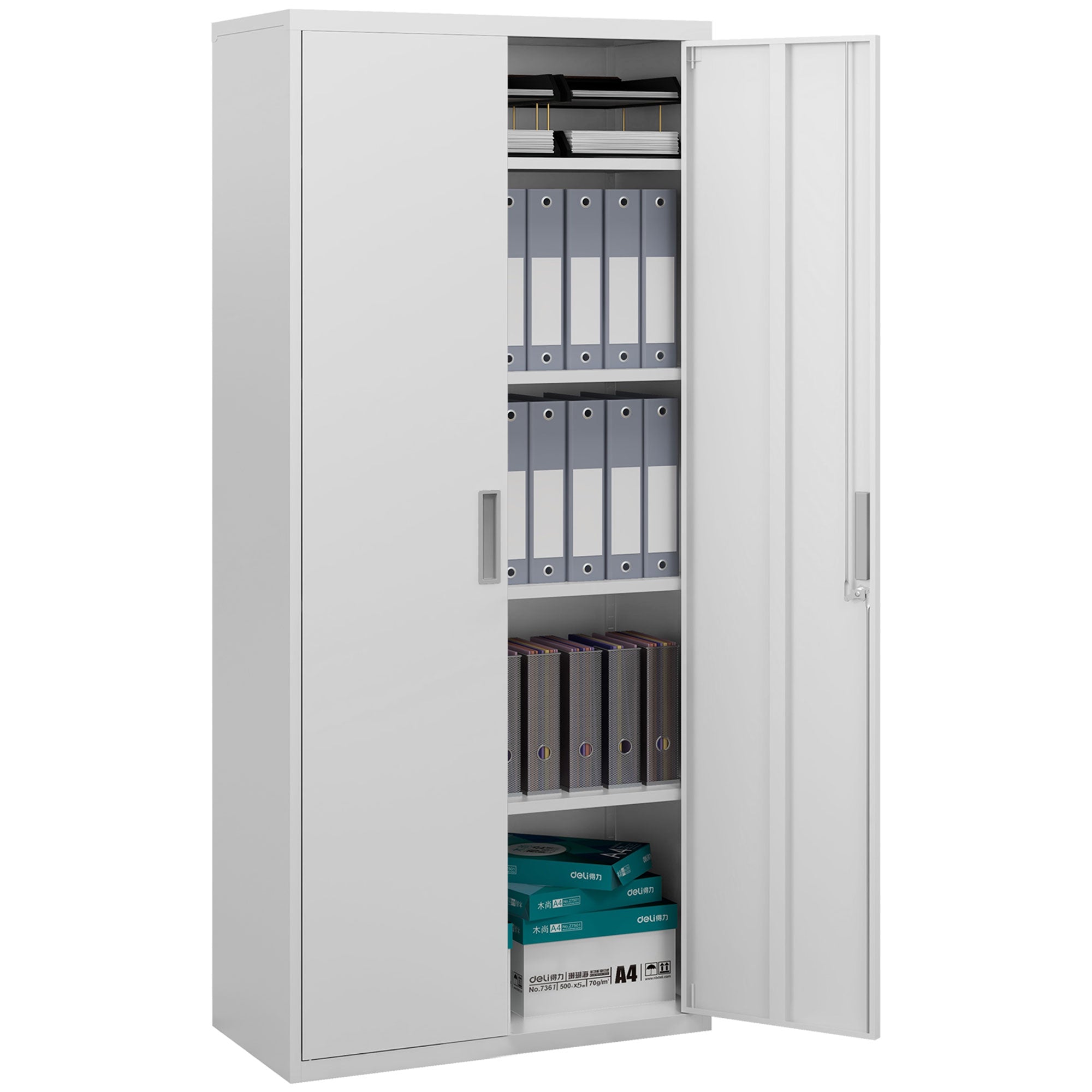 HOMCOM Five Shelf Lockable Steel Office Cabinet - White - North Peak Garden Furniture