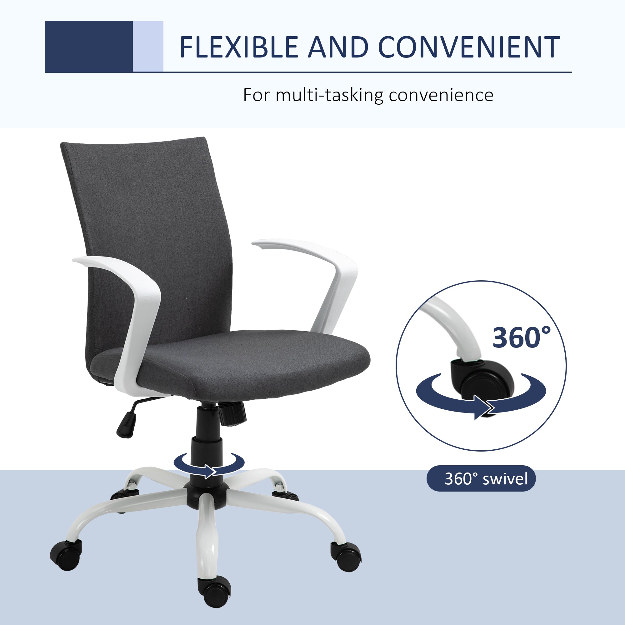 Vinsetto Office Chair Linen Swivel Computer Desk Chair Home Study Task Chair with Wheels, Arm, Adjustable Height, Dark Grey - North Peak Garden Furniture