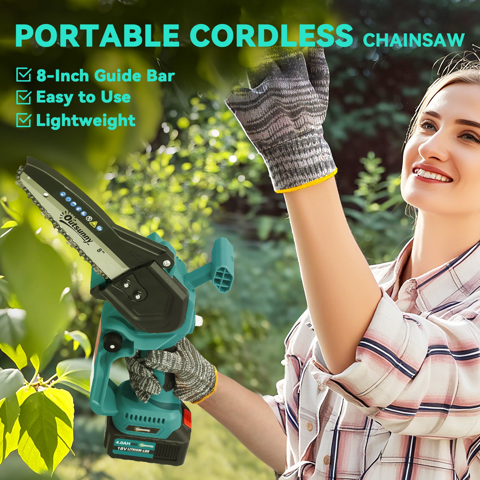 Outsunny 8 Inch Electric Chainsaw, Cordless Chain Saw with Brushless Motor, 2 4.0Ah Batteries and Safety Lock, Handheld Portable Wood Pruning Saw for Trimming Cutting, Blue - North Peak Garden Furniture