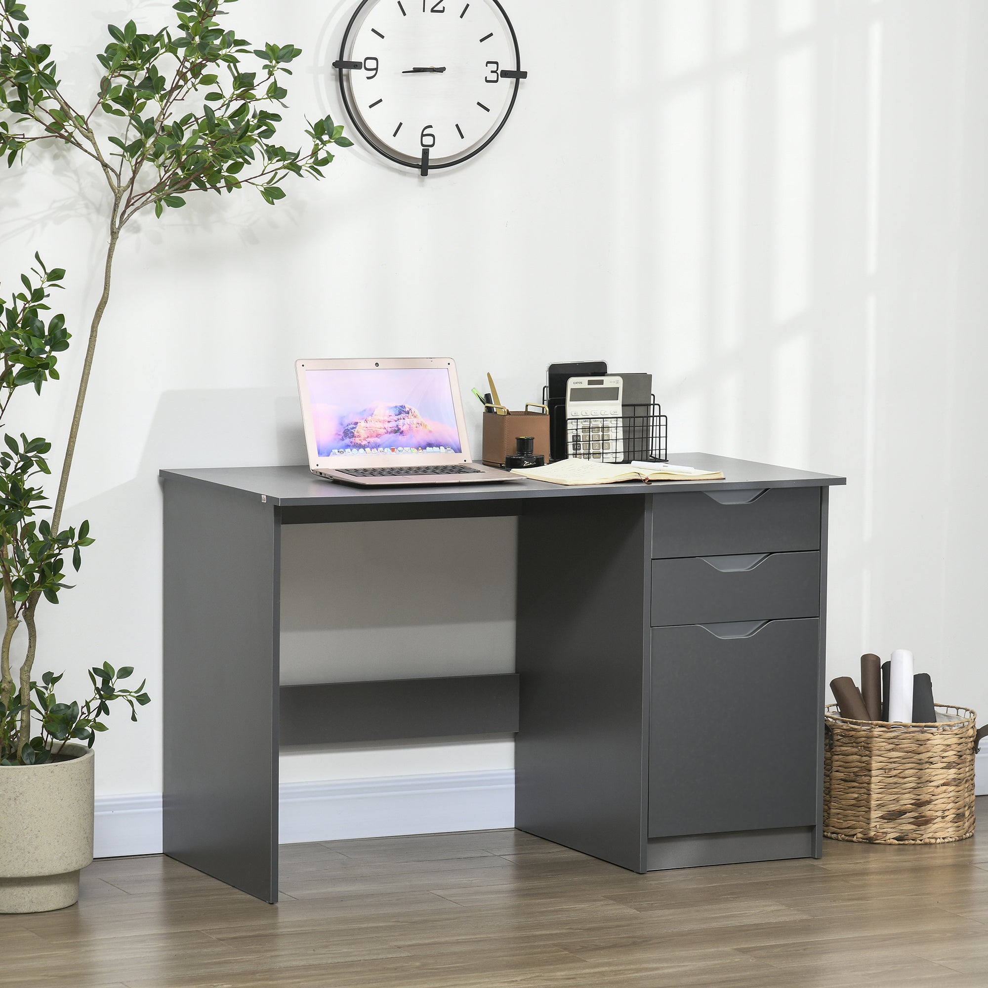 HOMCOM Computer Desk with Drawers, High Gloss Home Office Desk with Storage Cabinet, Study Workstation, 120 x 60cm, Grey - North Peak Garden Furniture