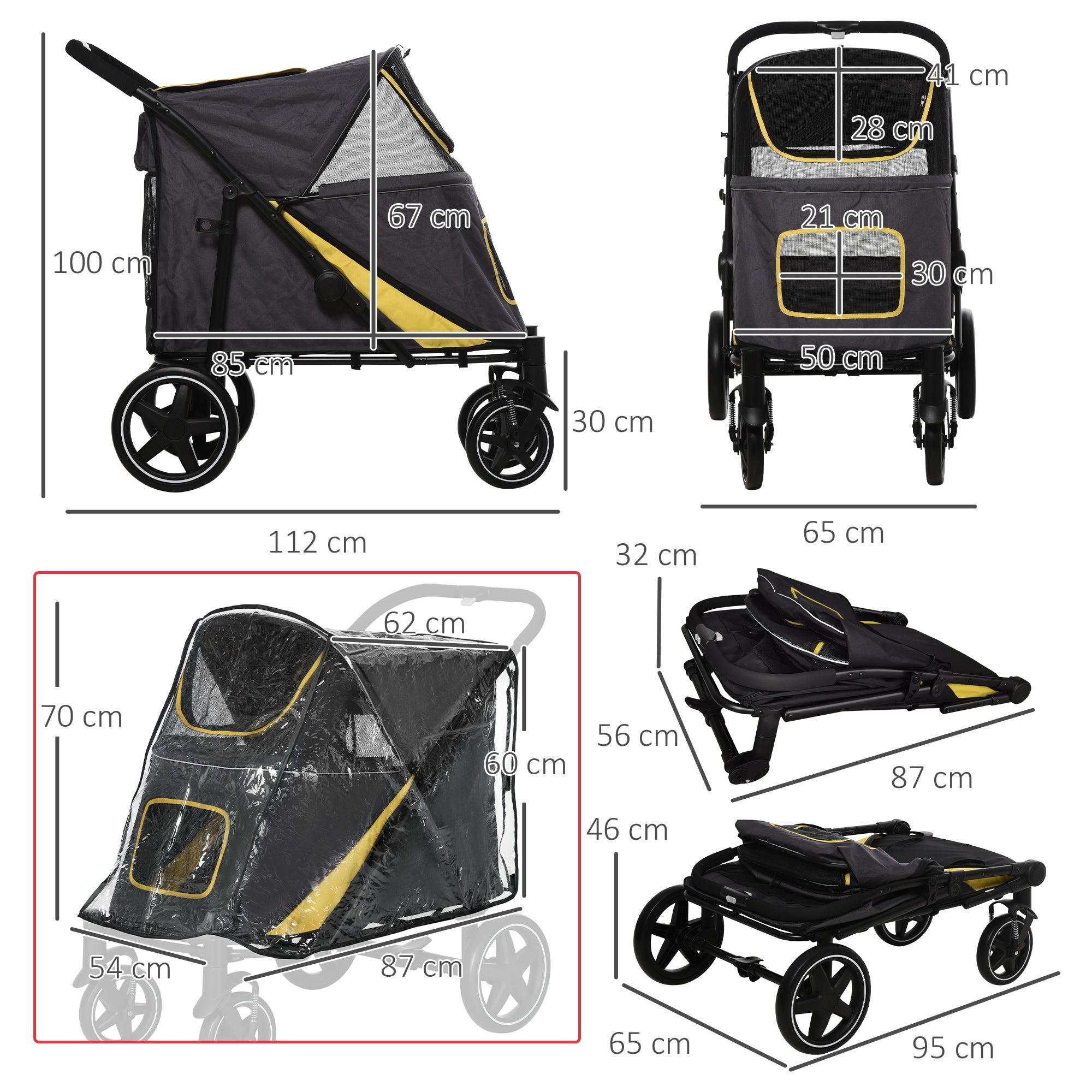 PawHut One-Click Foldable Pet Travel Stroller with Rain Cover, Cat Dog Pushchair with Universal Front Wheels, Shock Absorber, Storage Bags, Mesh Window, Safety Leash for Large and Medium Dogs (Grey) - North Peak Garden Furniture