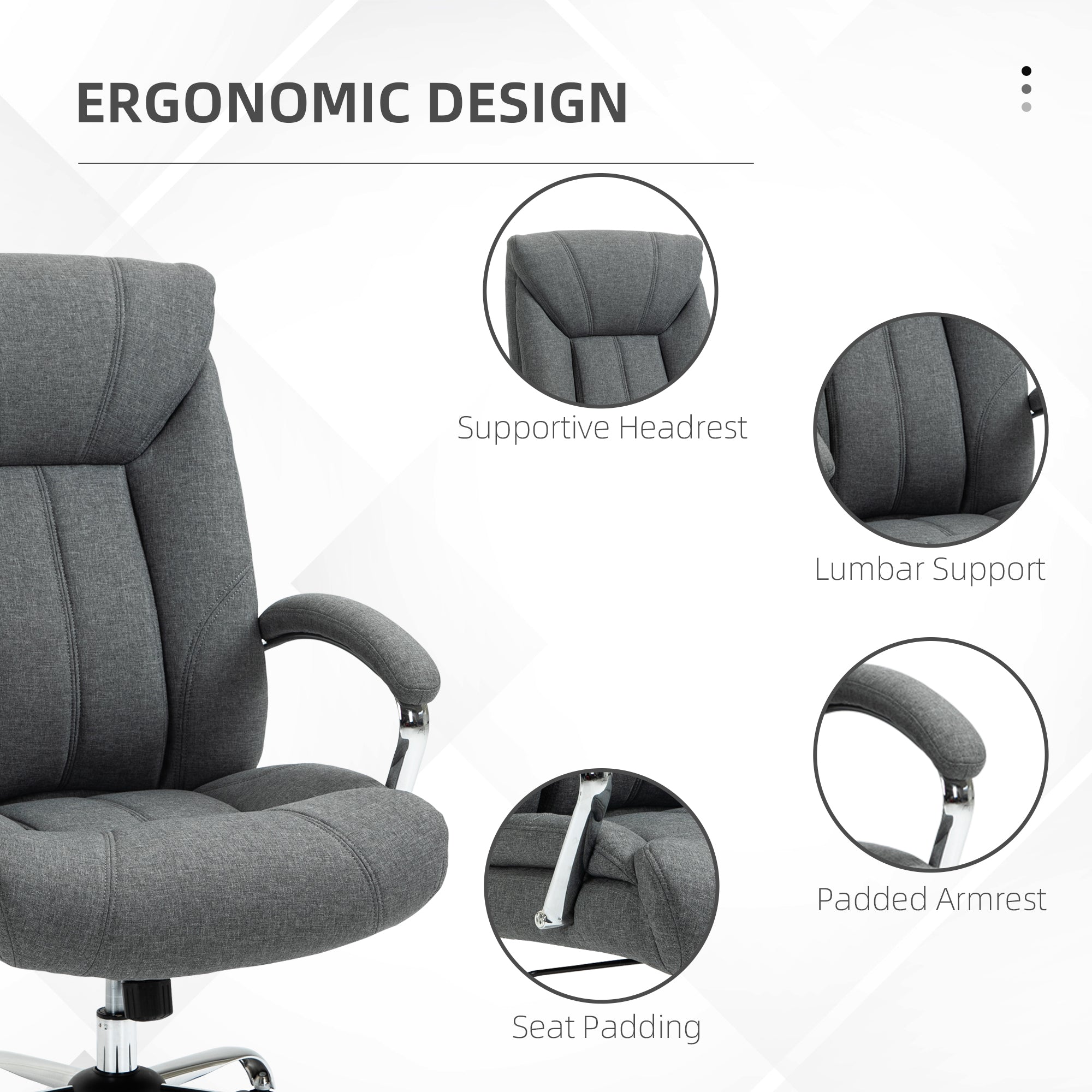 Vinsetto Office Chair, Fabric Desk Chair, Padded Executive Chair with Adjustable Height, Swivel Wheels, Metal Star Base, Grey - North Peak Garden Furniture
