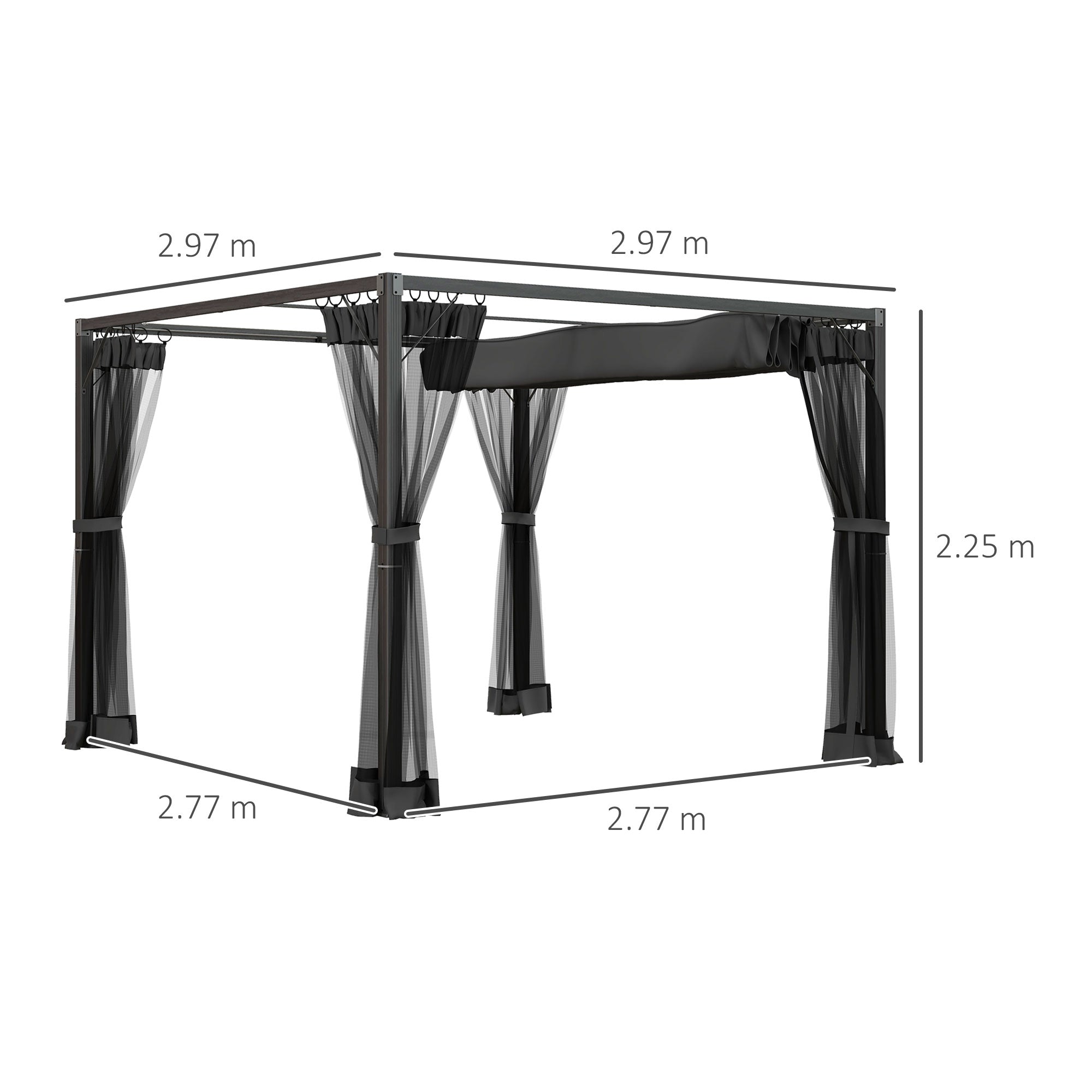 Outsunny 3 x 3m Aluminium Frame Pergola, with Retractable Roof - Dark Grey - North Peak Garden Furniture