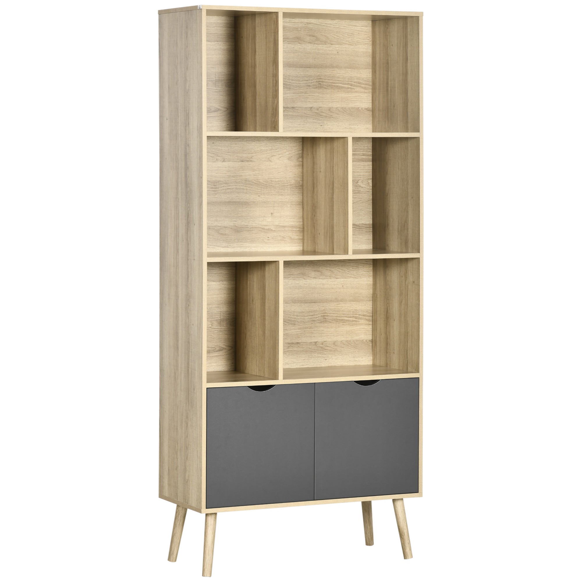 HOMCOM Modern Bookcase with Bottom Cabinet and 6 Open Shelves, Freestanding Bookshelf for Study Living Room Home Office, Natural and Dark Grey - North Peak Garden Furniture