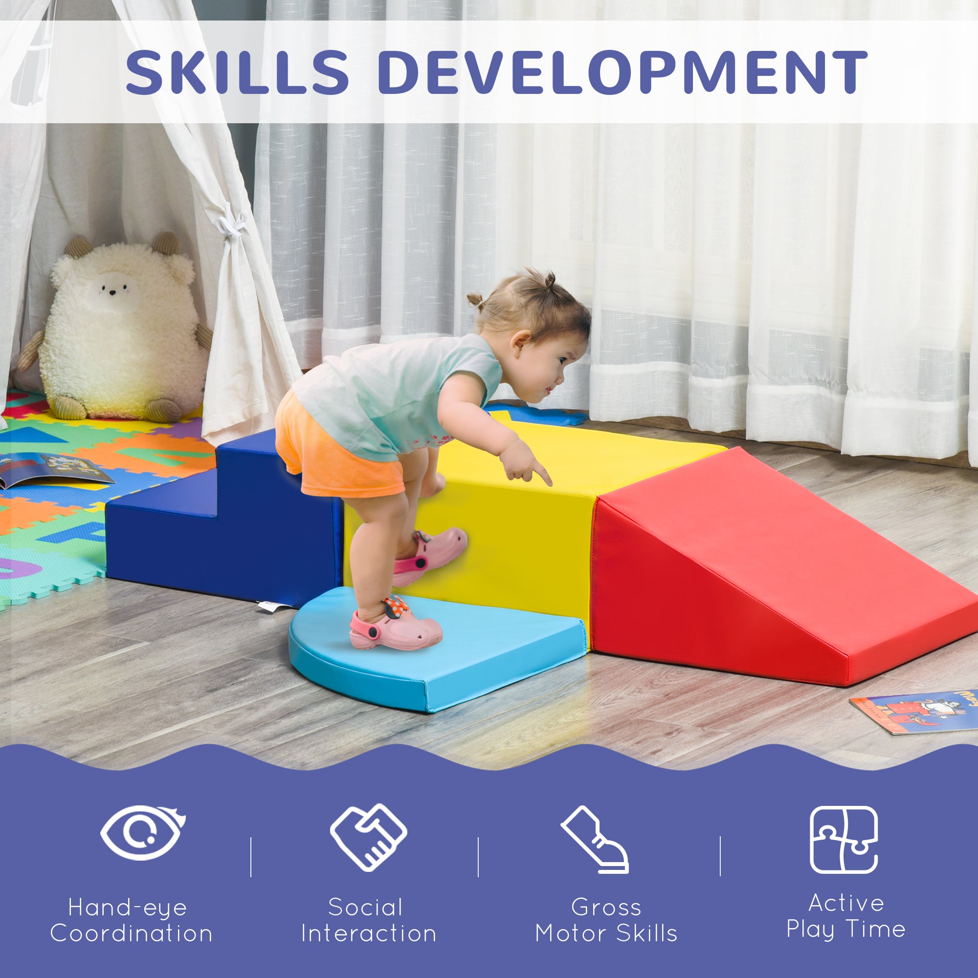 HOMCOM Soft Play 4-piece Climb and Crawl Foam Toddler Stairs and Ramp Colorful Children's Educational Software Activity Toys for Baby Preschooler - North Peak Garden Furniture