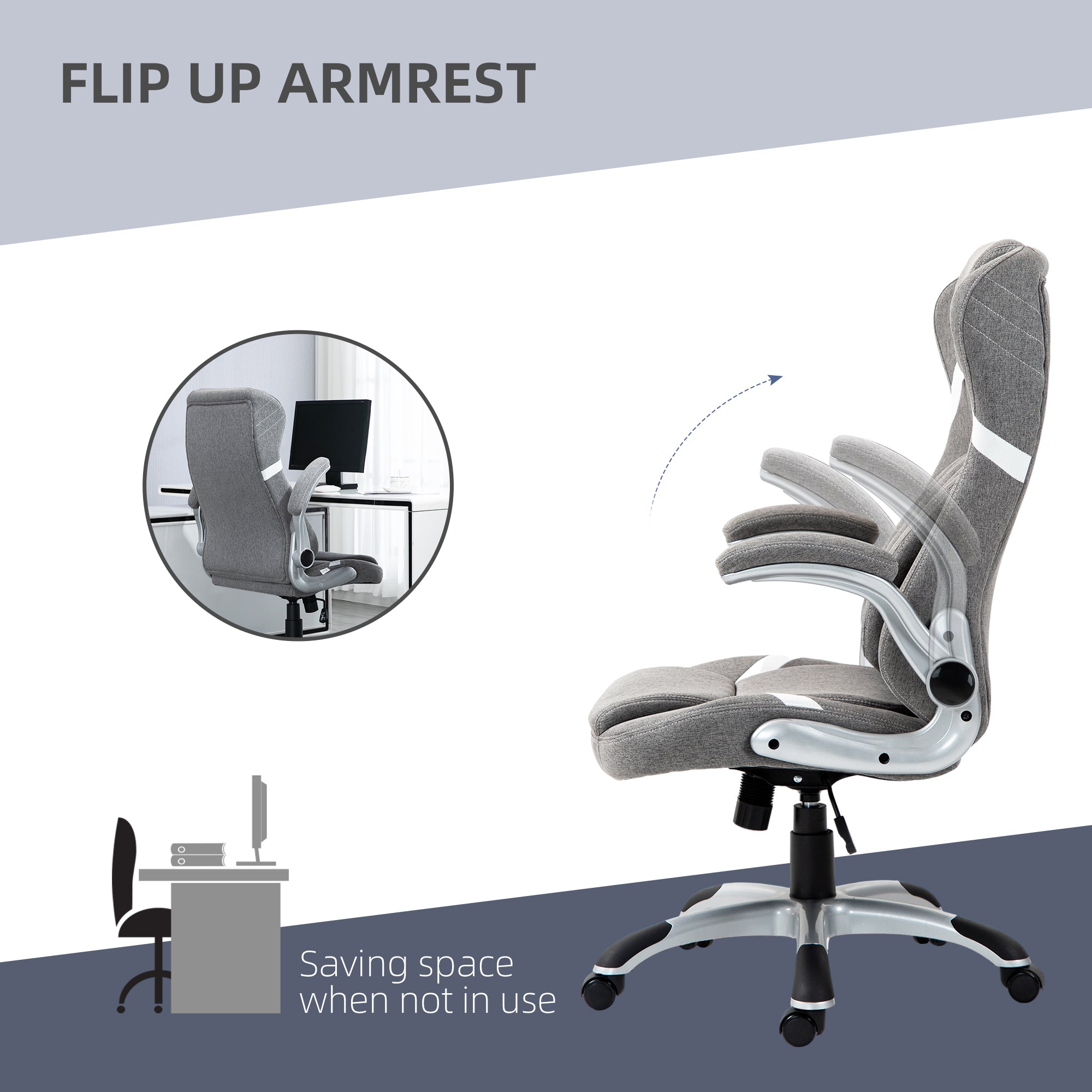 Vinsetto Linen-Look Office Chair, with Adjustable Height and Tension - Grey - North Peak Garden Furniture