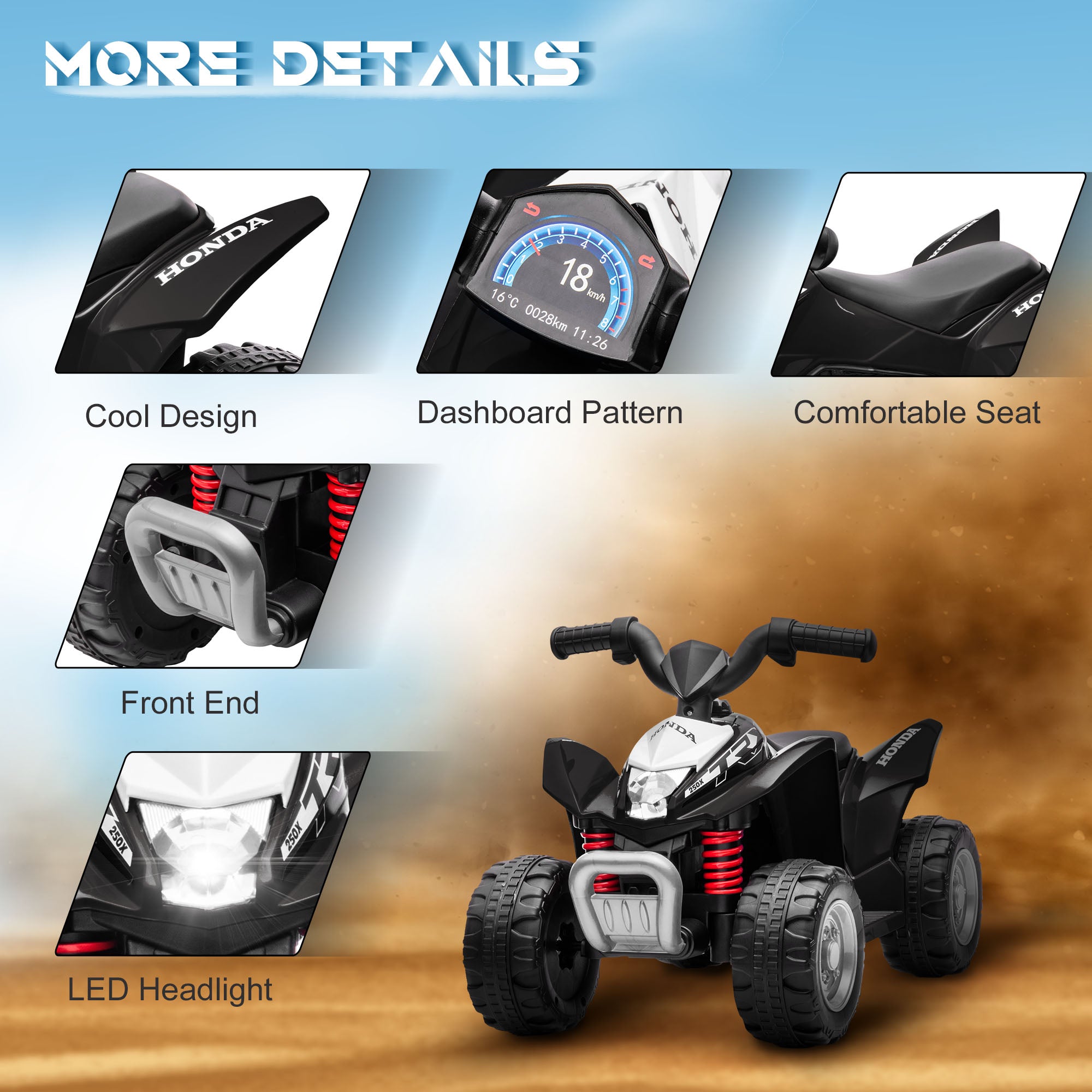 AIYAPLAY Honda Licensed Kids Electric Quad Bike, 6V ATV Ride On for Ages 1.5-3 Years, Black - North Peak Garden Furniture